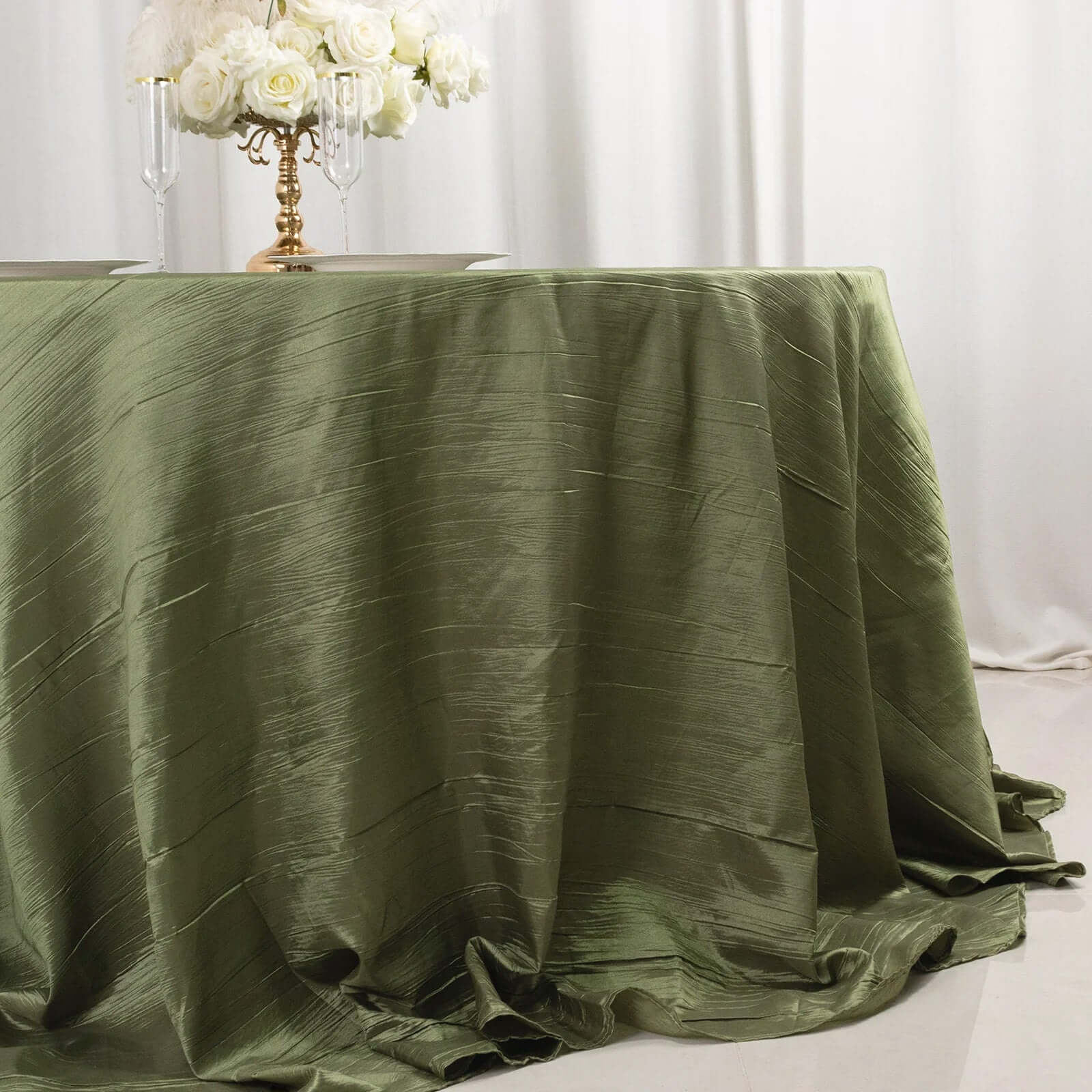 Hot! Seamless Crinkle Taffeta 132' Round Tablecloth in Dusty Sage Green