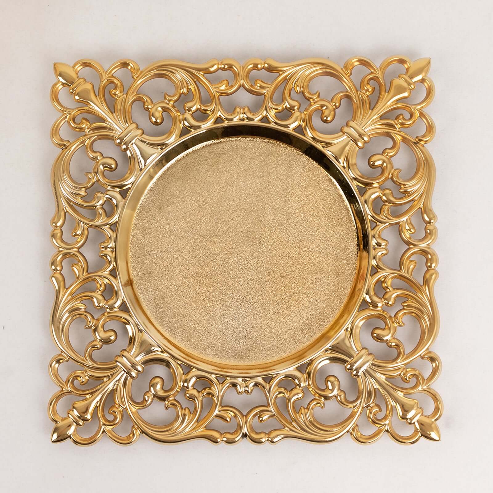 Hot Sale! 6-Piece Set of 12-Inch Gold Acrylic Square Charger Plates with Hollow Lace Border for Event Decor