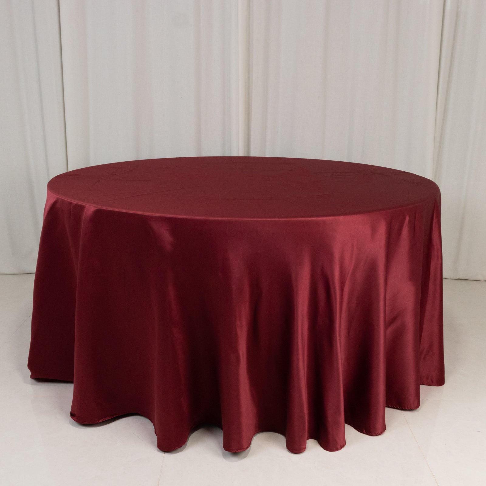 Premium Lamour Satin 120-Inch Round Burgundy Tablecloth - Seamless with Soft Sheen