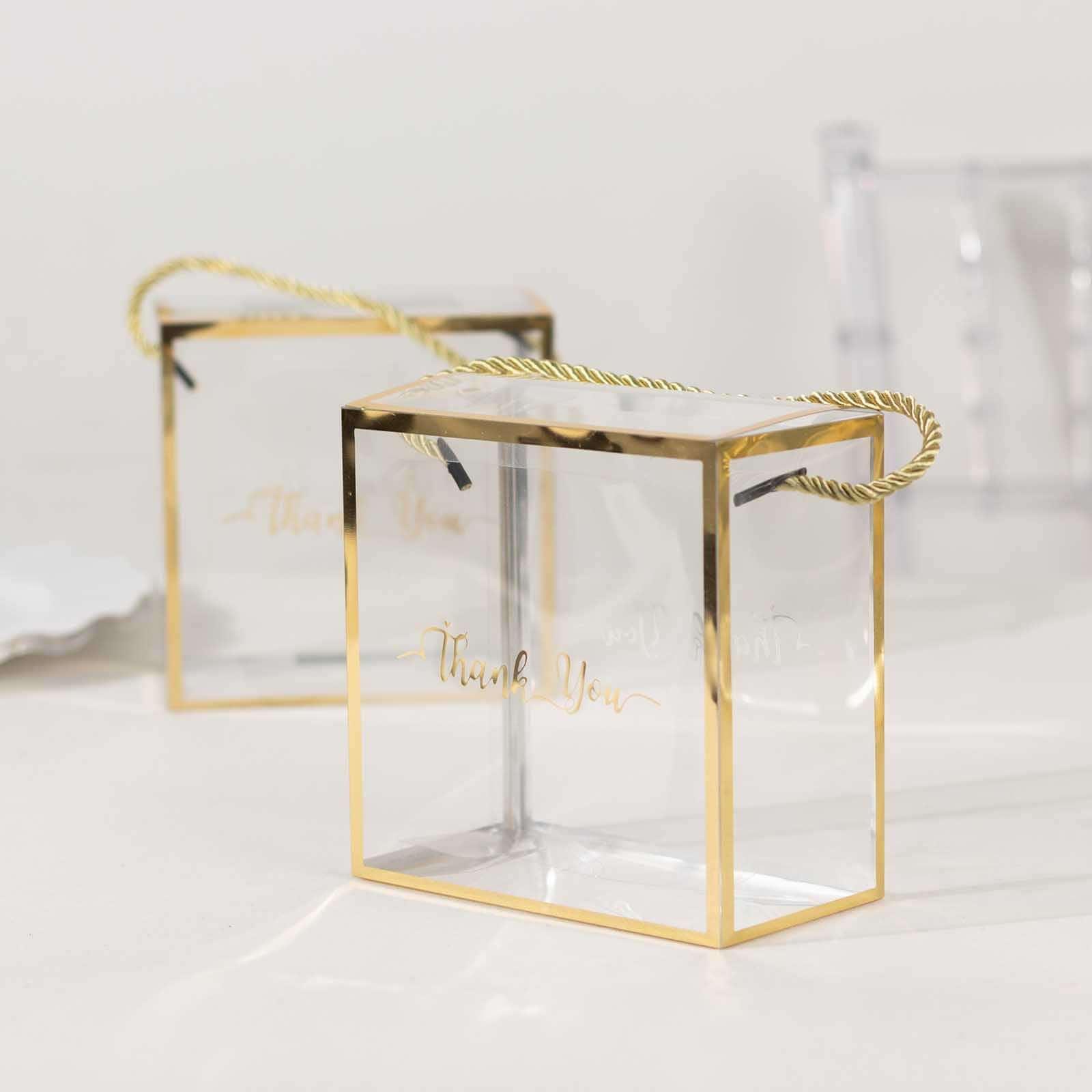 25-Pack Gold-Trimmed Clear PVC Portable Candy Favor Boxes with Rope Handles and 'Thank You' Print