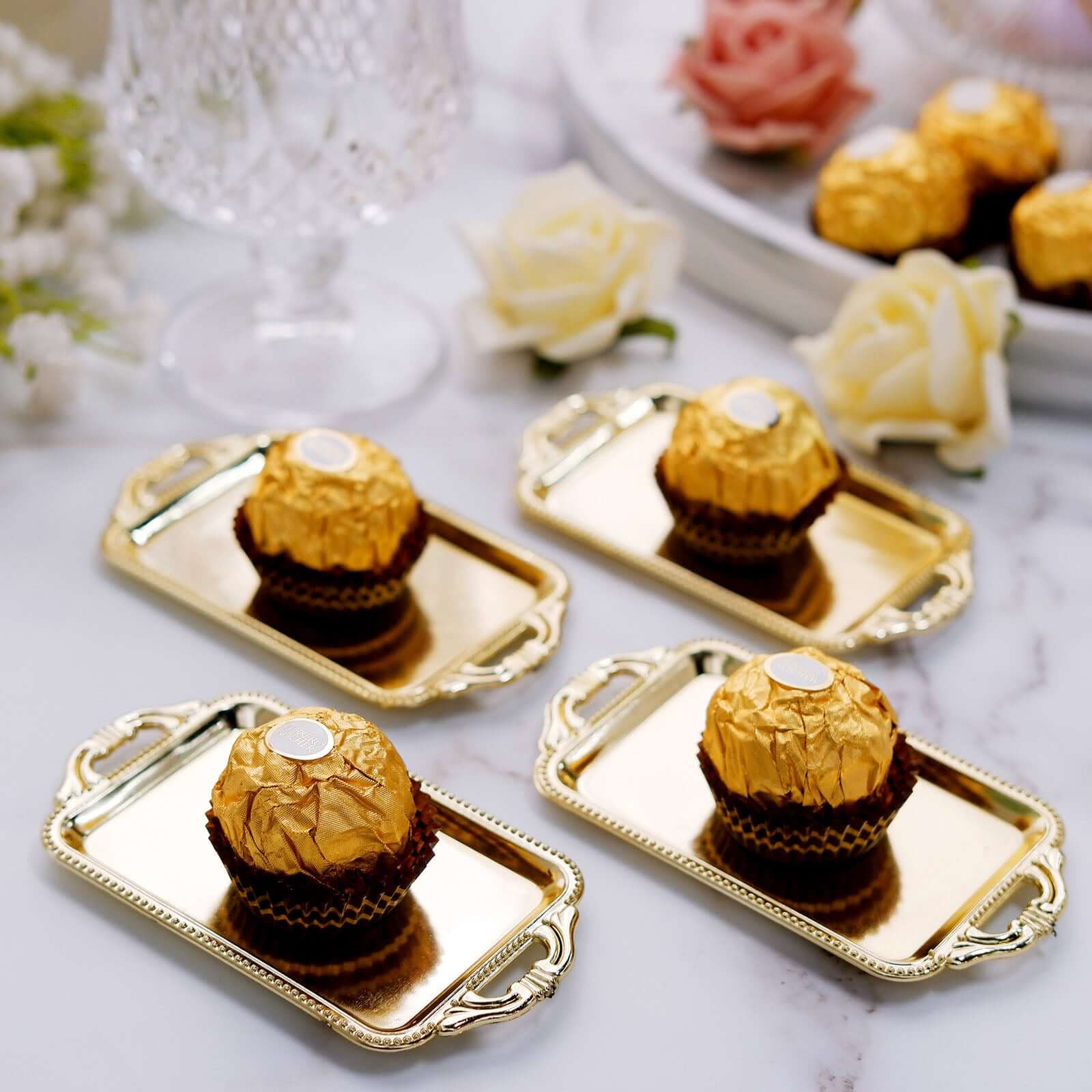 12-Piece Gold Rectangular Mini Display Trays for Candy and Party Favors