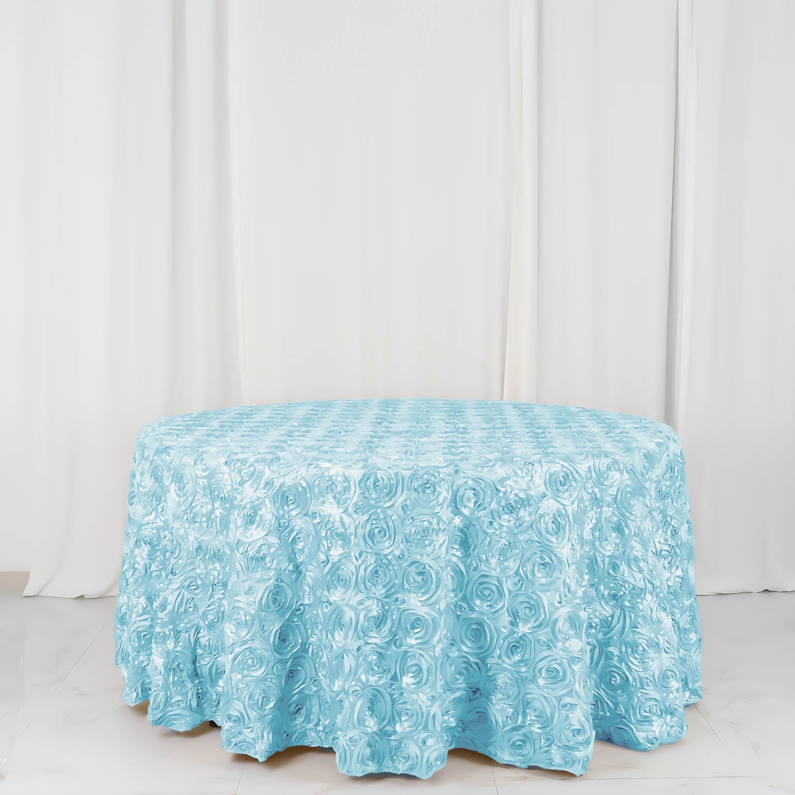 Light Blue 120-Inch Round Satin Tablecloth with Stunning 3D Rosette and Seamless Finish