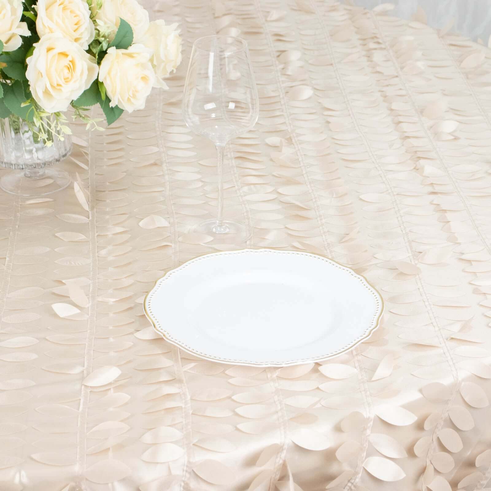 Exclusive Beige 132-Inch Round Taffeta Tablecloth with 3D Leaf Petal Design