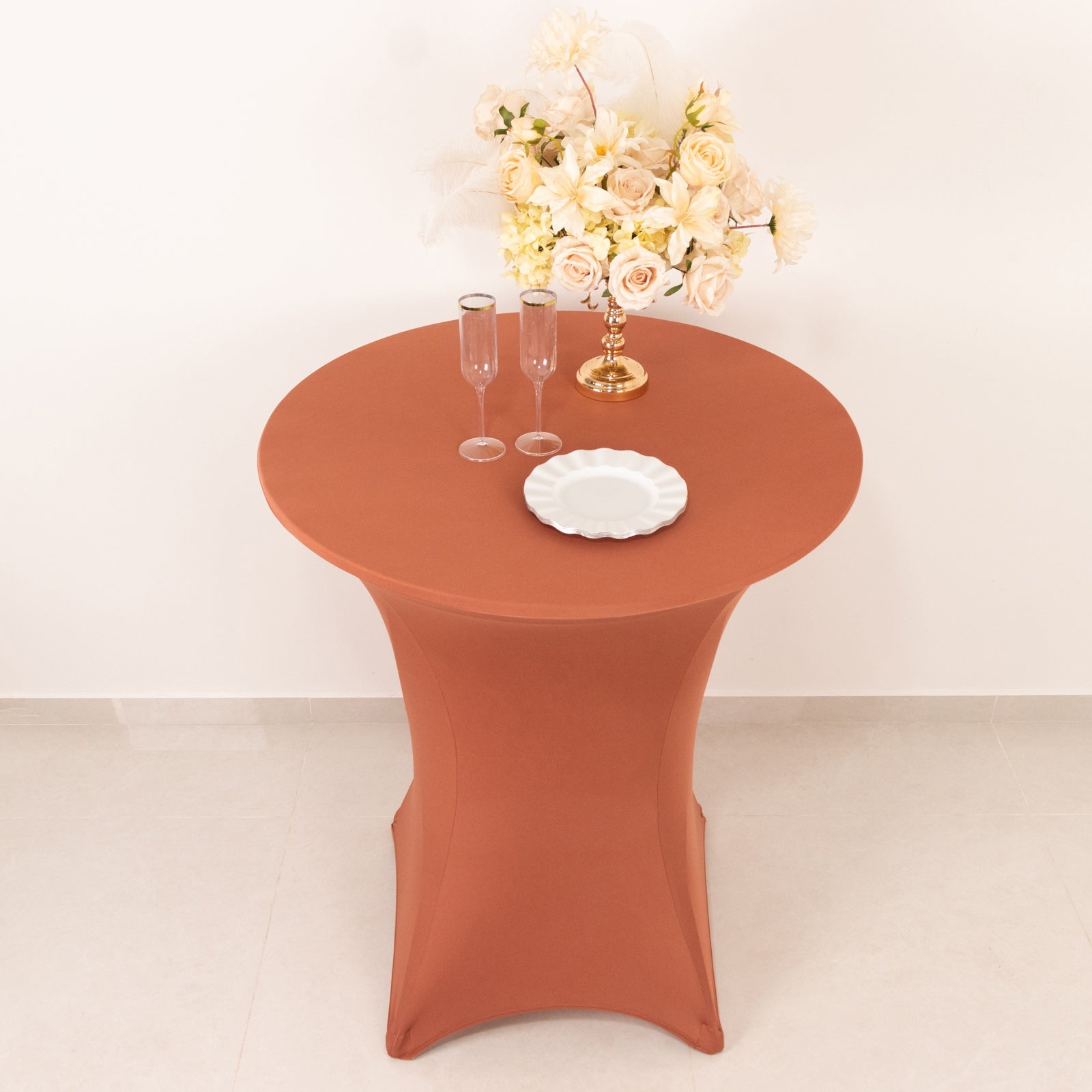 Stretchable Spandex Cocktail Table Cover in Terracotta (Rust) - Easy Maintenance for 33 - 36' Tables