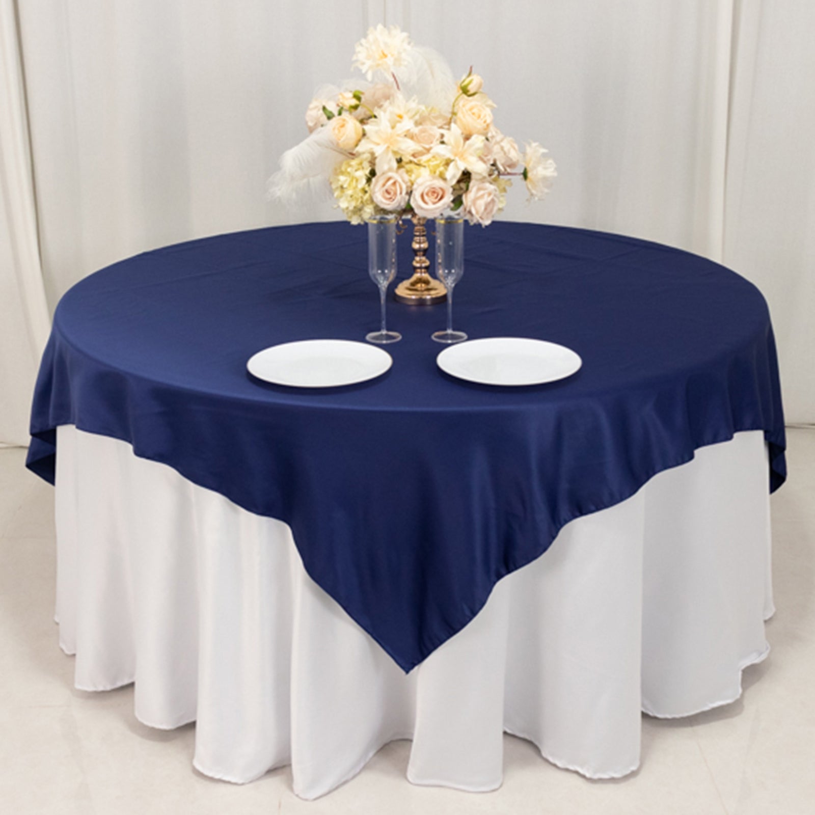 Navy Blue Lamour Satin Square Table Overlay 72x72 - High - Quality Smooth Table Topper