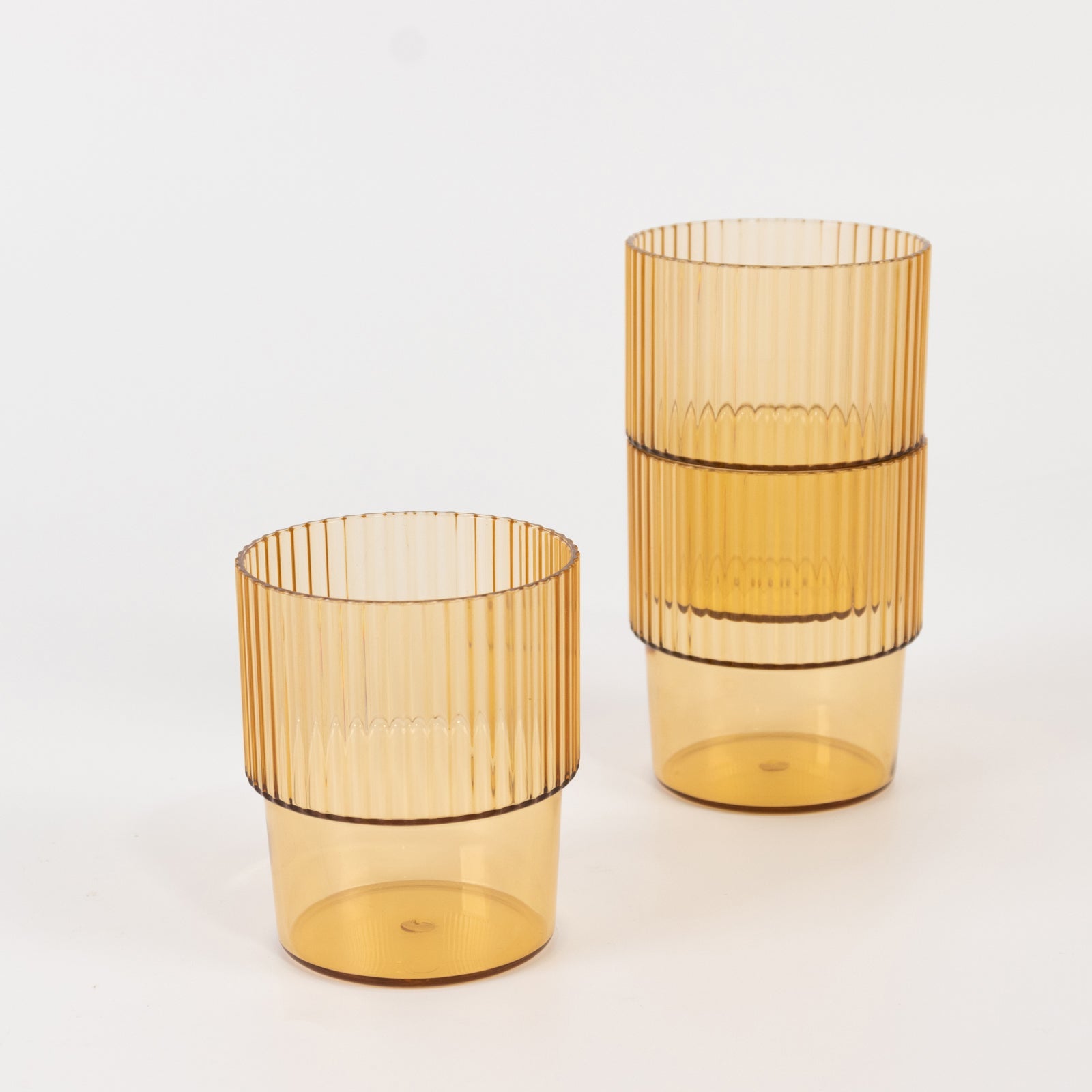12-Piece Set of Reusable 7oz Stackable Amber Gold Plastic Drinking Glasses with Ribbed Pattern