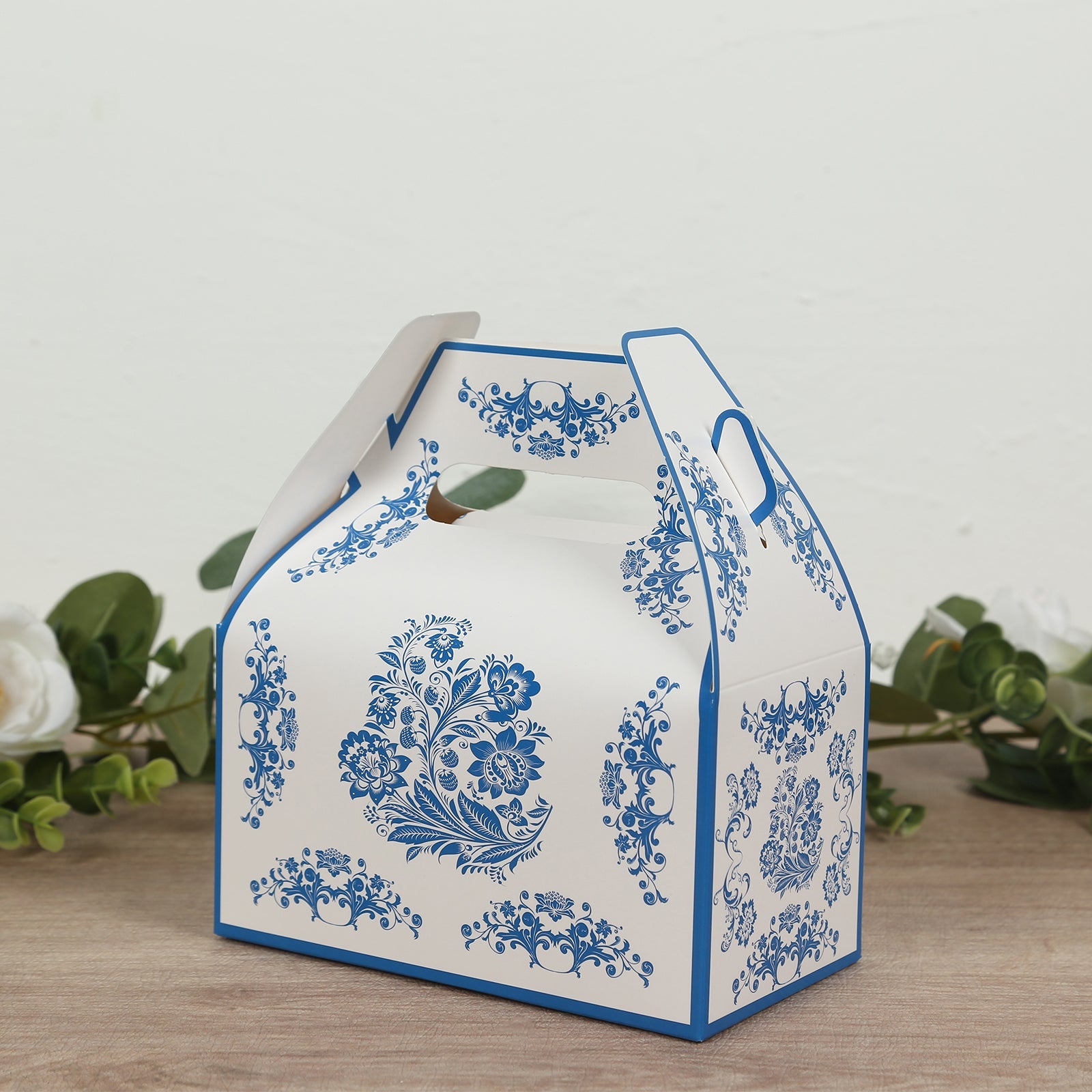 25-Pack White and Royal Blue Floral Damask Tote Gable Party Favor Candy Gift Boxes