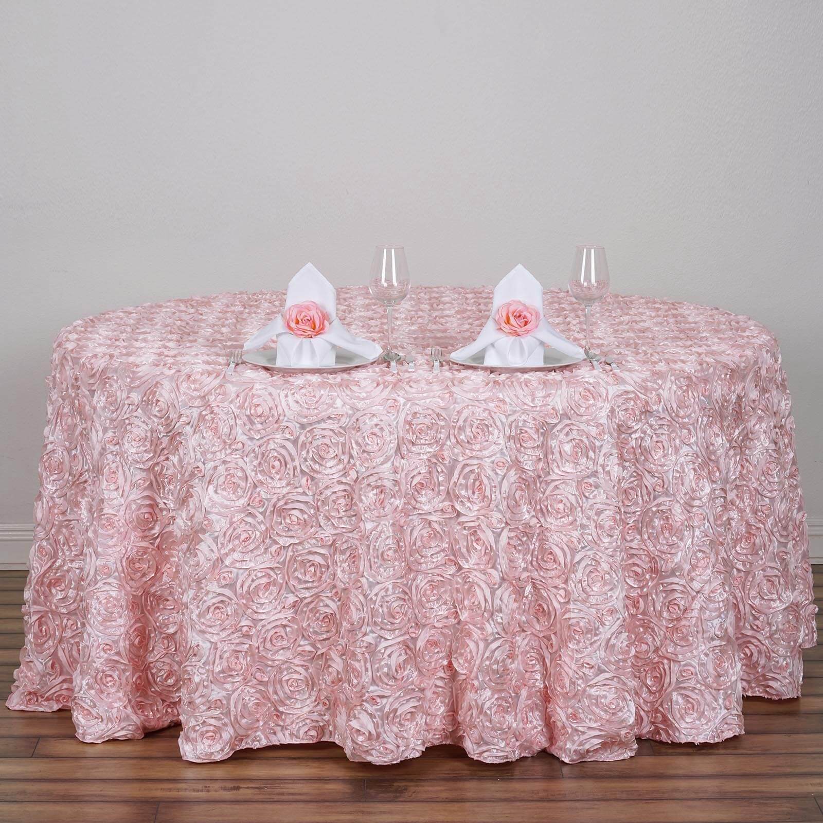 Luxurious Blush Satin 120-Inch Round Tablecloth with 3D Rosette and Seamless Finish