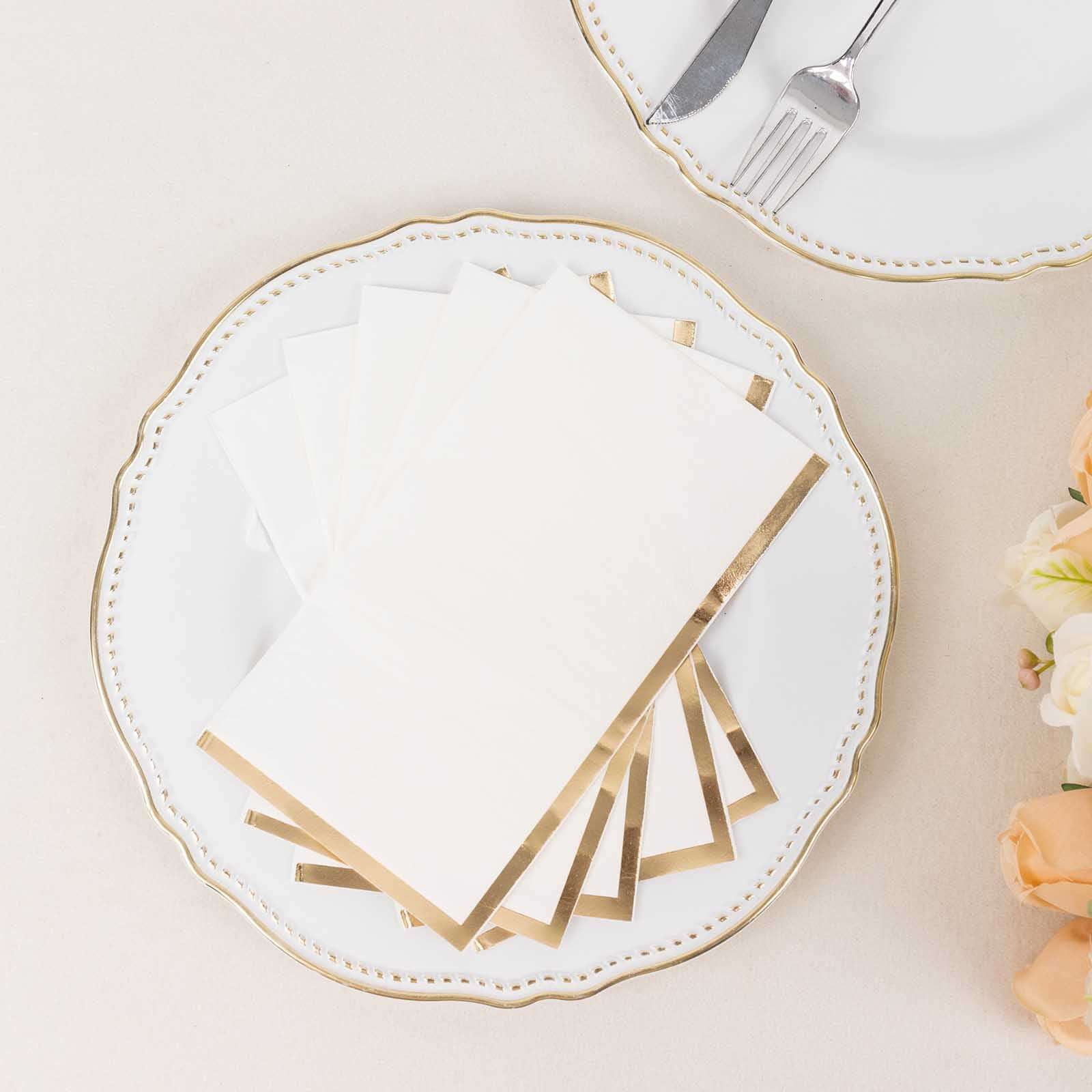 50-Pack Premium 2-Ply White Paper Dinner Napkins with Gold Foil Edge - Ideal Disposable Napkins for Parties