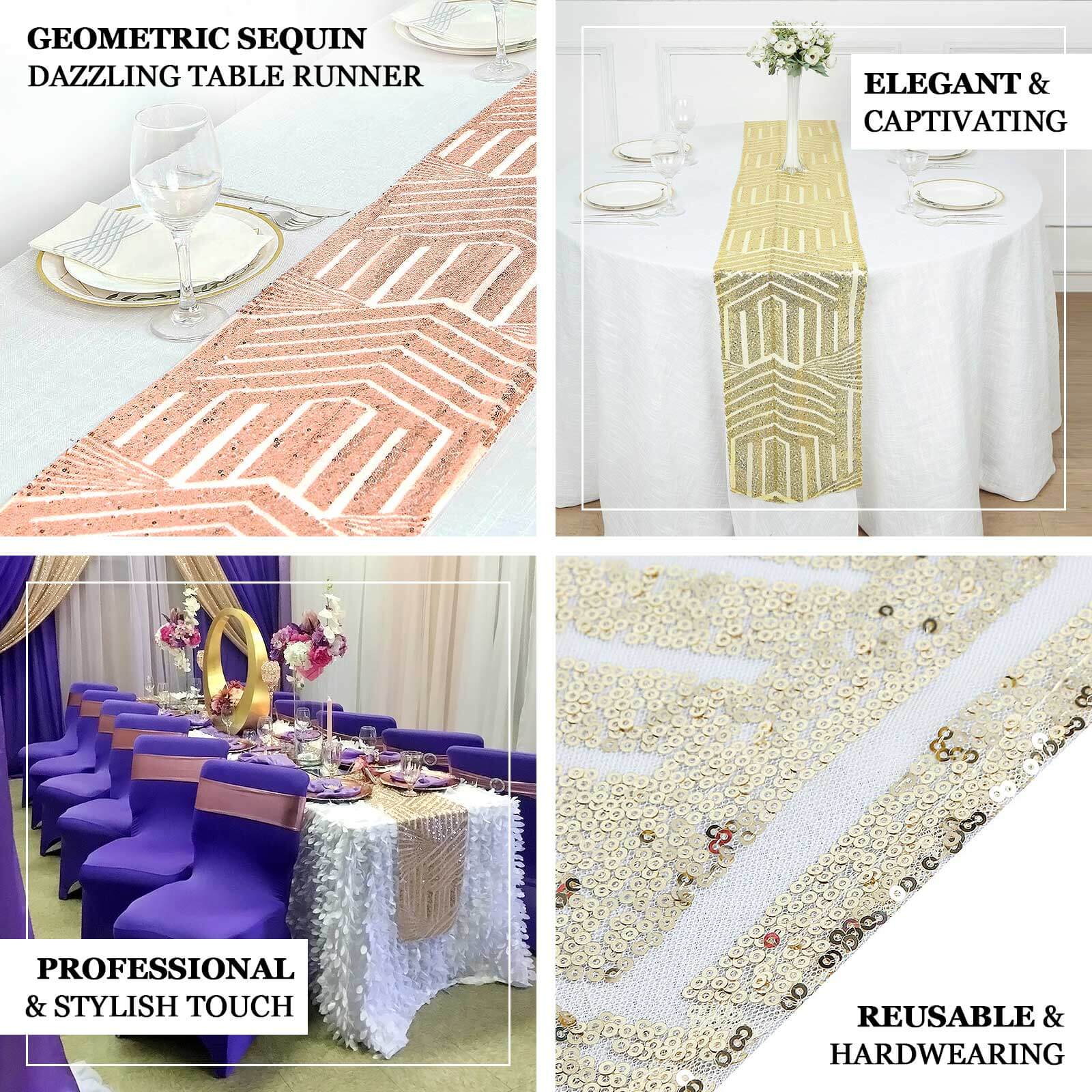 Hot! Rose Gold Sequin 12x108 Table Runner with Diamond Glitz