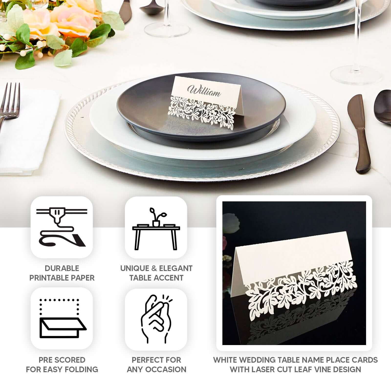Hot Deal! 50-Pack Printable White Wedding Place Cards with Laser-Cut Leaf Vine Design, 210 GSM