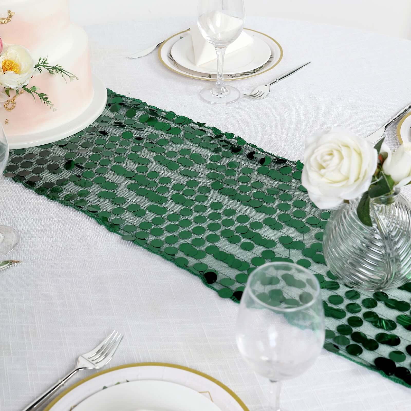 13x108 Hunter Emerald Green Big Payette Sequin Table Runner - Stunning Design