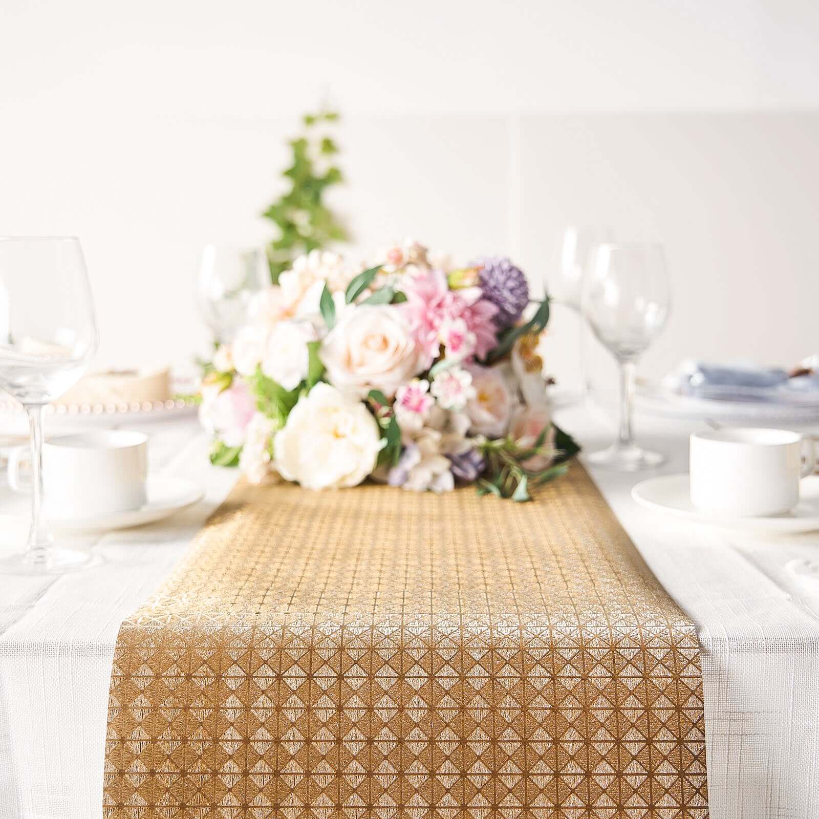 9ft Disposable Gold Geometric Print Table Runner - Perfect for Events