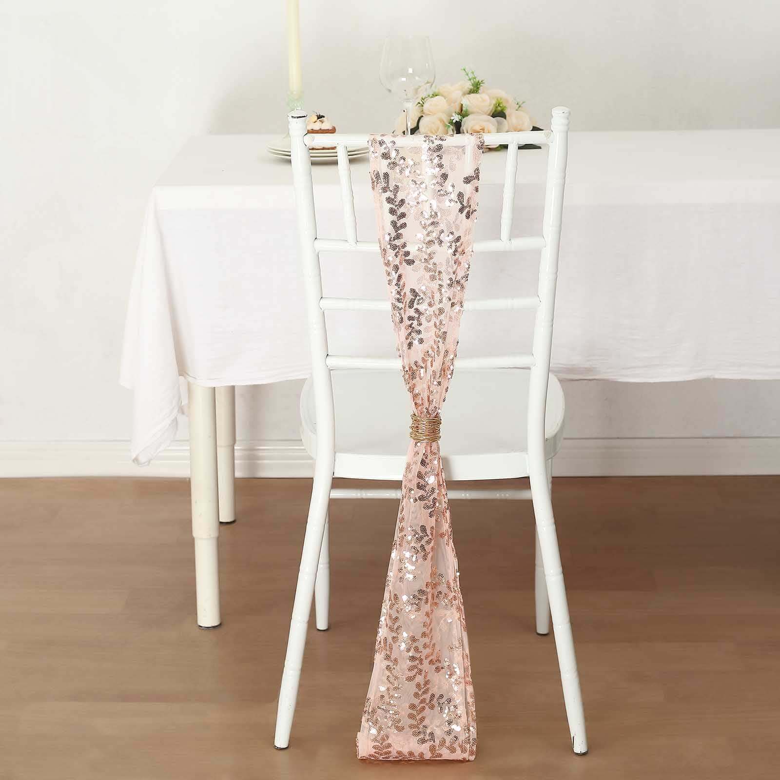 Hot Deal! 5-Piece Rose Gold Tulle Chair Sashes with Leaf Vine Sequin Embroideries, 6x88 Inches
