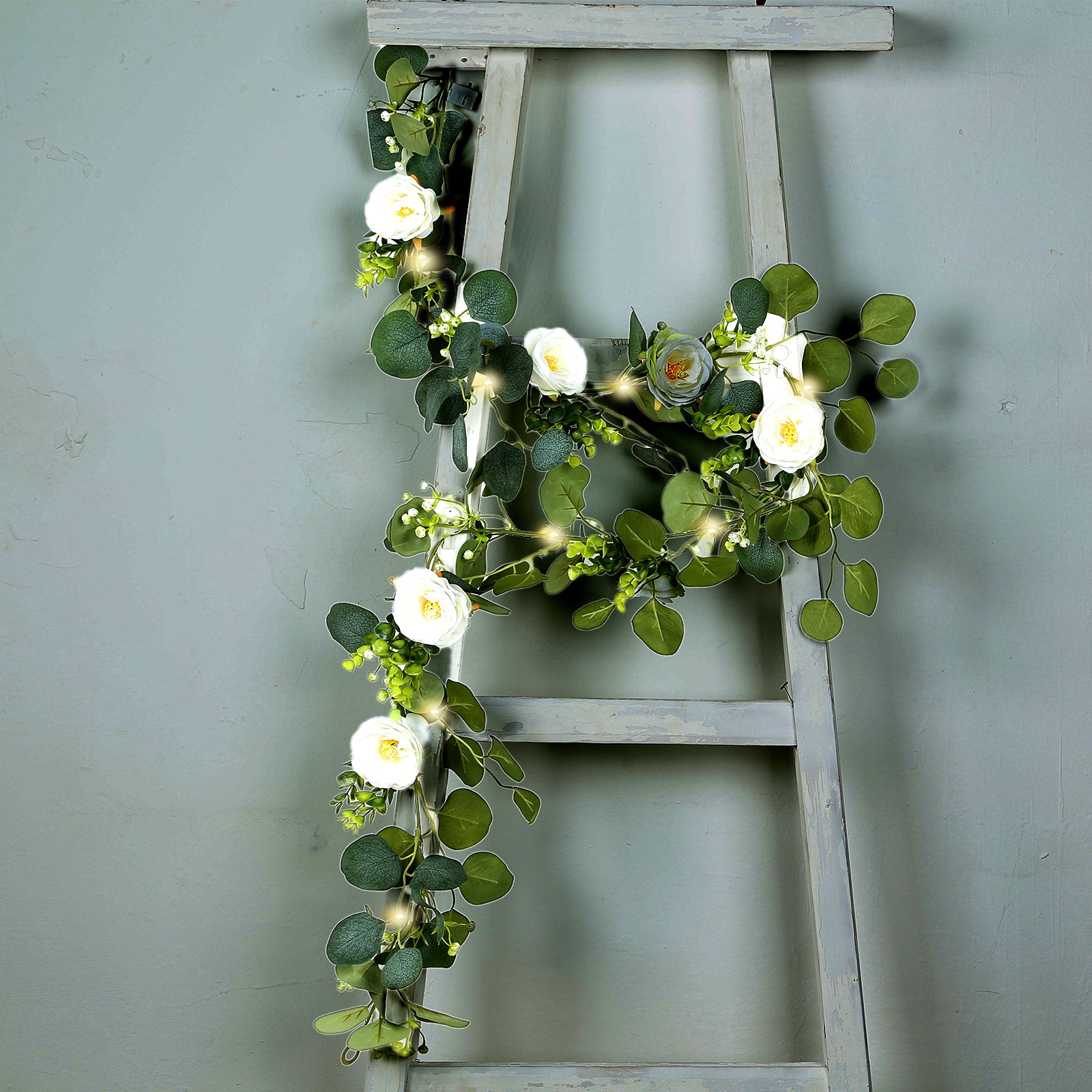 5.5ft Battery-Powered Lighted Eucalyptus & Peony Garland for Stylish Decor