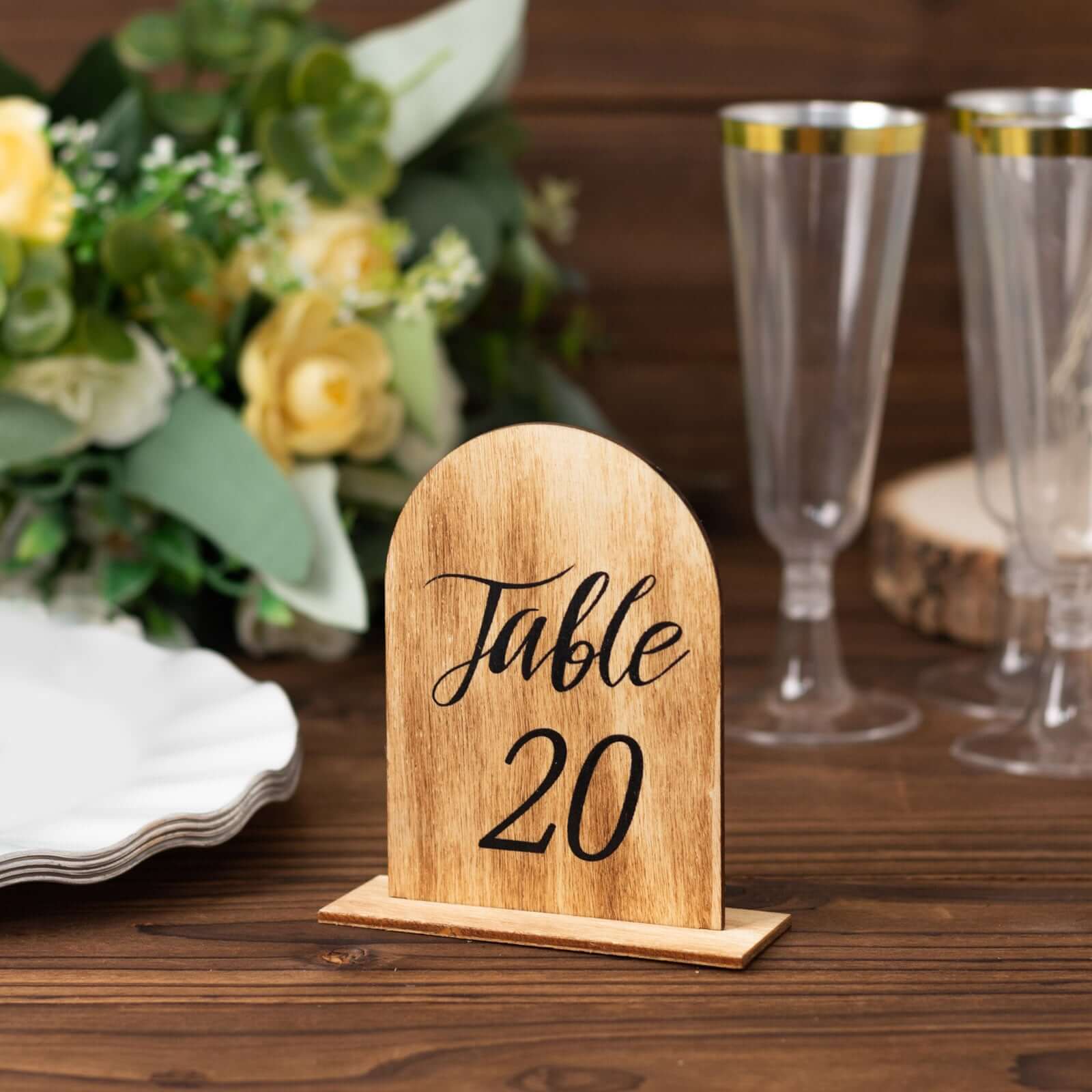 20-Piece Set of 4.5-Inch Natural Rustic Wooden Arch Table Numbers 1 - 20 for Weddings and Events