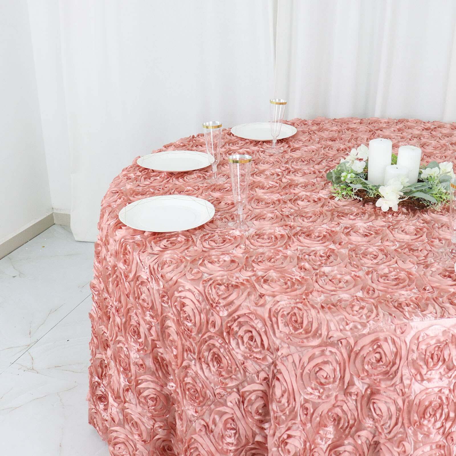 Hot! Dusty Rose Satin 120 Round Tablecloth with 3D Rosette & Seamless Finish