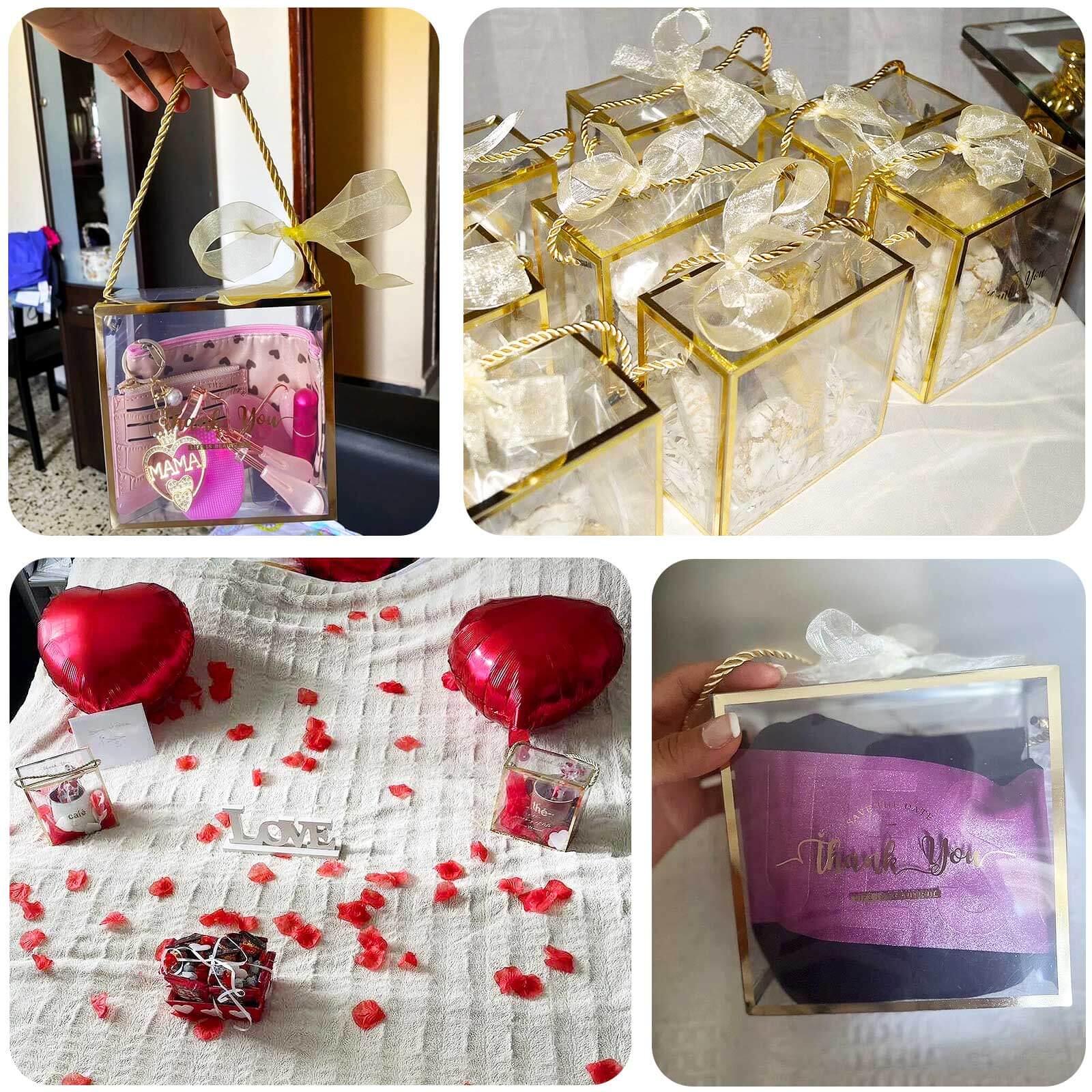 25-Pack Gold-Trimmed Clear PVC Portable Candy Favor Boxes with Rope Handles and 'Thank You' Print