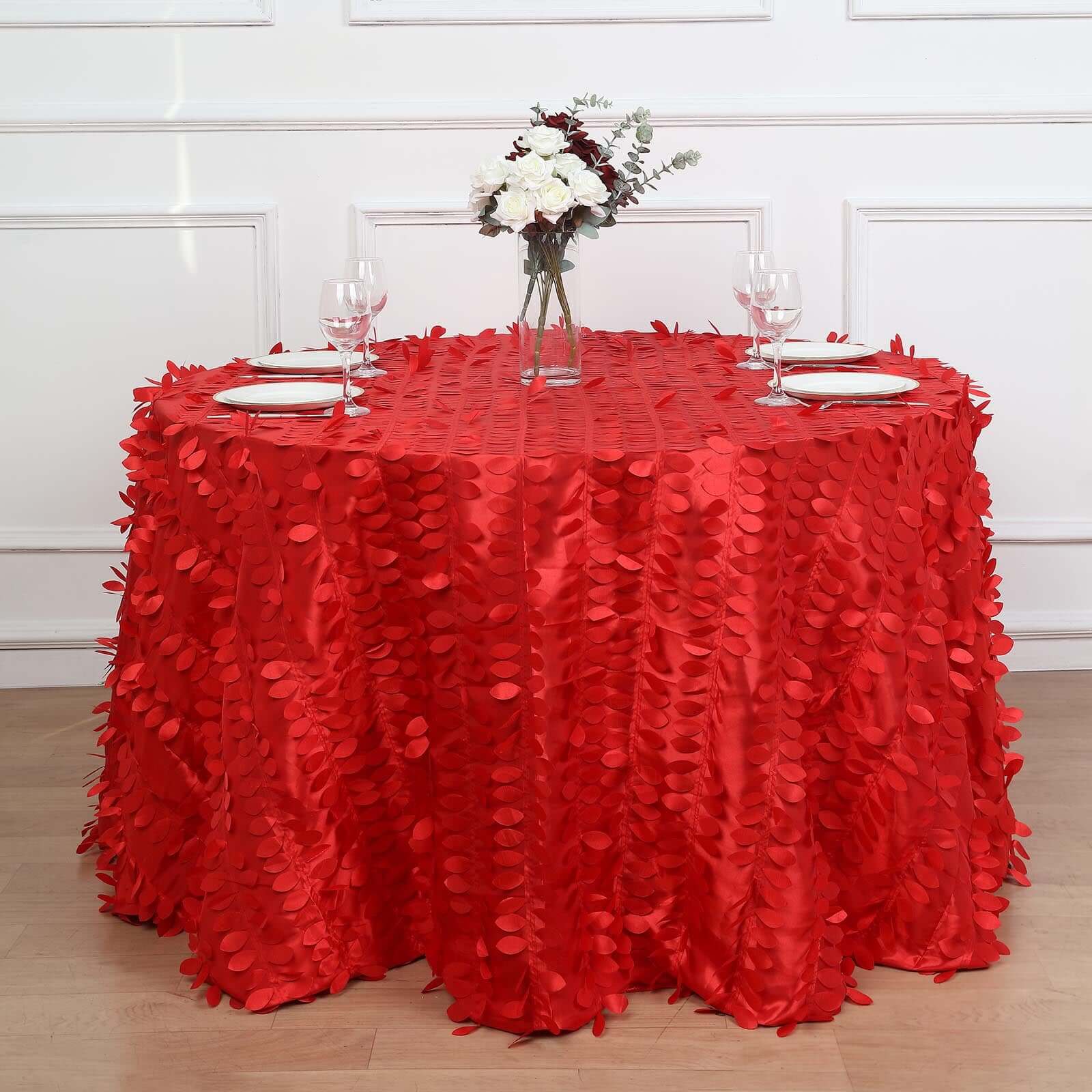 120-Inch Red Seamless 3D Leaf Petal Taffeta Round Tablecloth for 5-Foot Tables