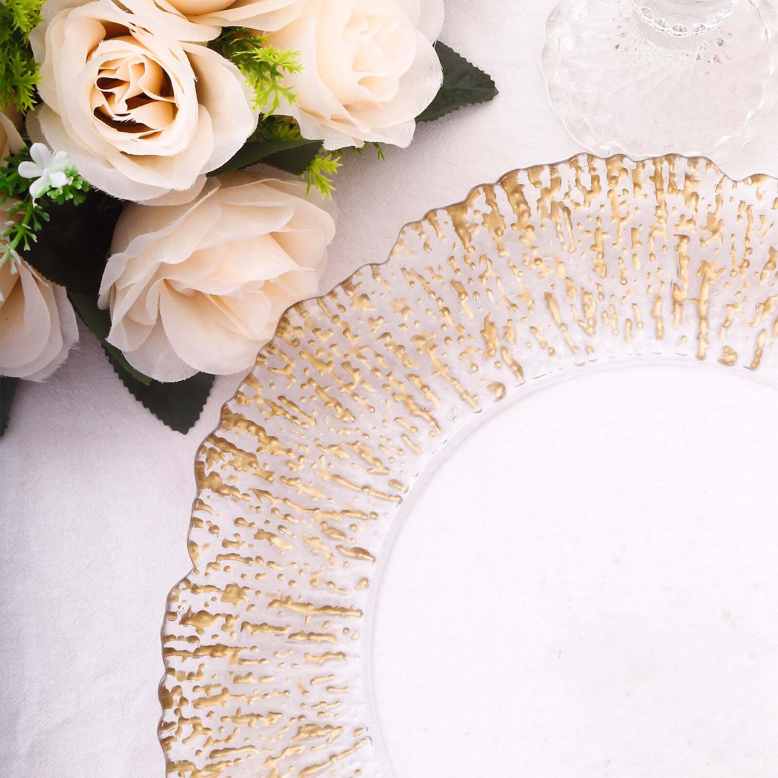 Hot Sale! 6-Pack 12-Inch Clear Plastic Round Charger Plates with Gold Brushed Scalloped Reef Rim for Party Serving