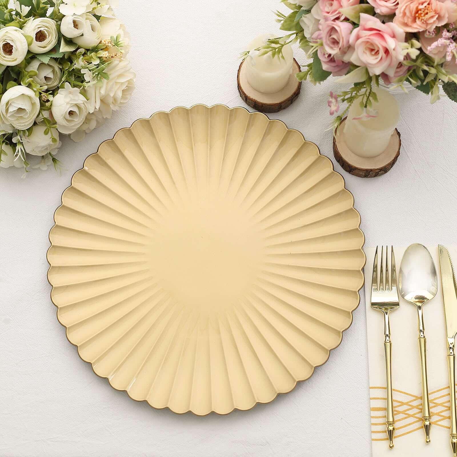 6-Pack Gold Plastic Round Charger Plates, 13 inches, Coastal Style with Scalloped Shell Pattern, Disposable Tableware