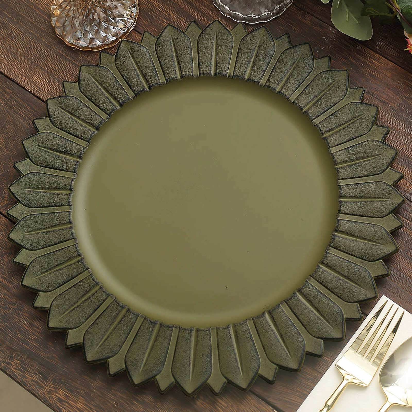6-Piece Set of 13-Inch Matte Olive Green Plastic Round Charger Plates with Sunflower Rim
