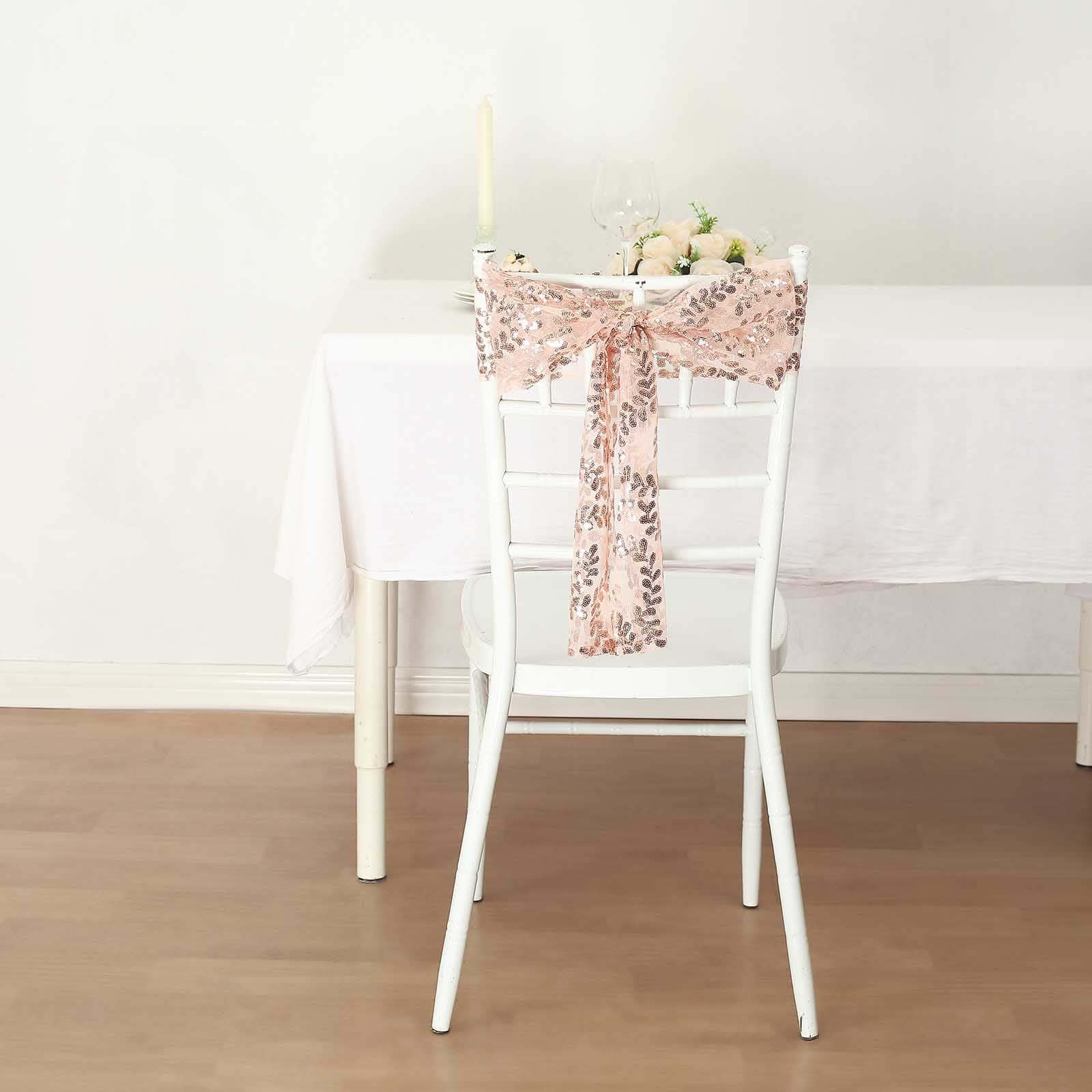 Hot Deal! 5-Piece Rose Gold Tulle Chair Sashes with Leaf Vine Sequin Embroideries, 6x88 Inches