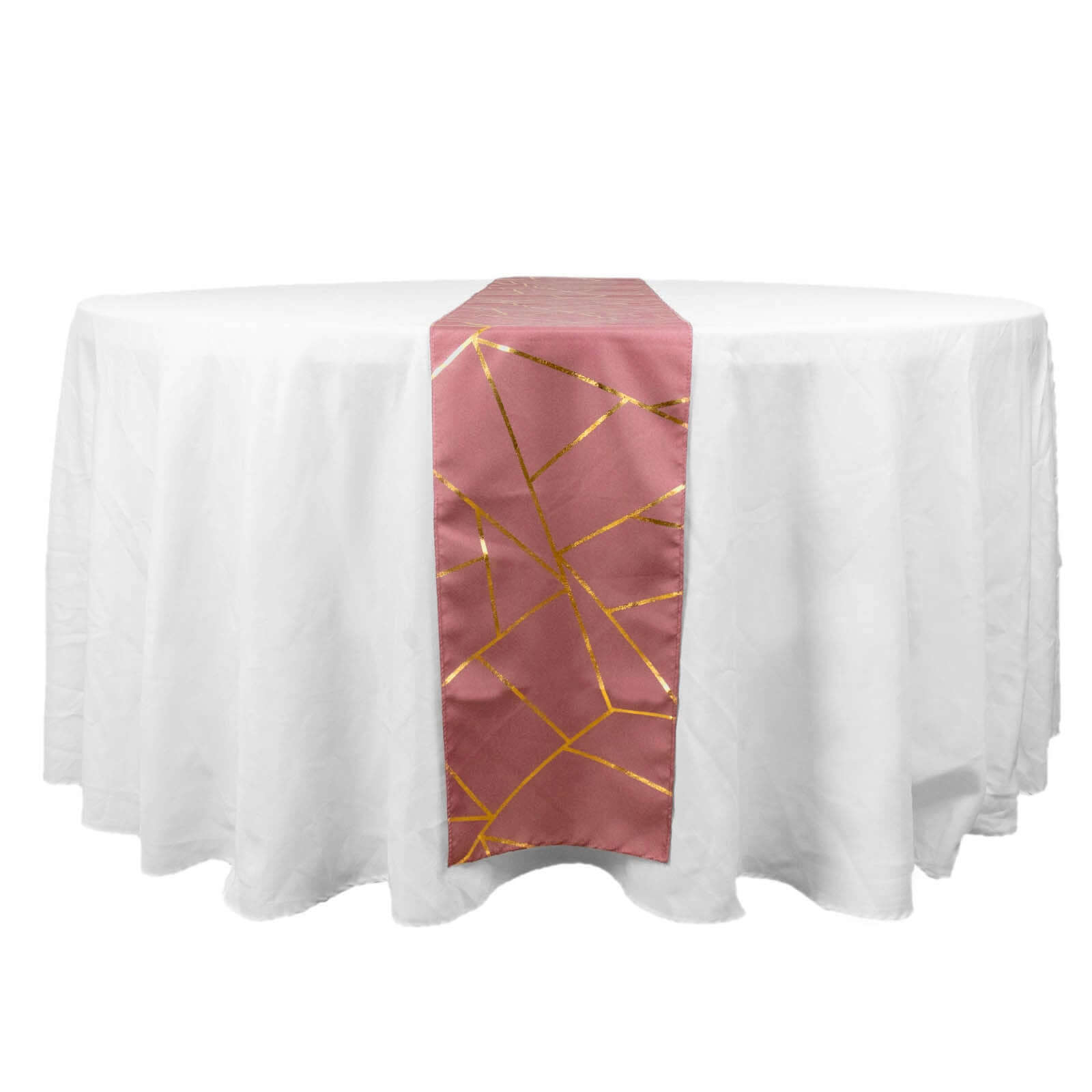 Hot Sale! 9ft Polyester Table Runner in Cinnamon Rose with Gold Foil Geometric Design