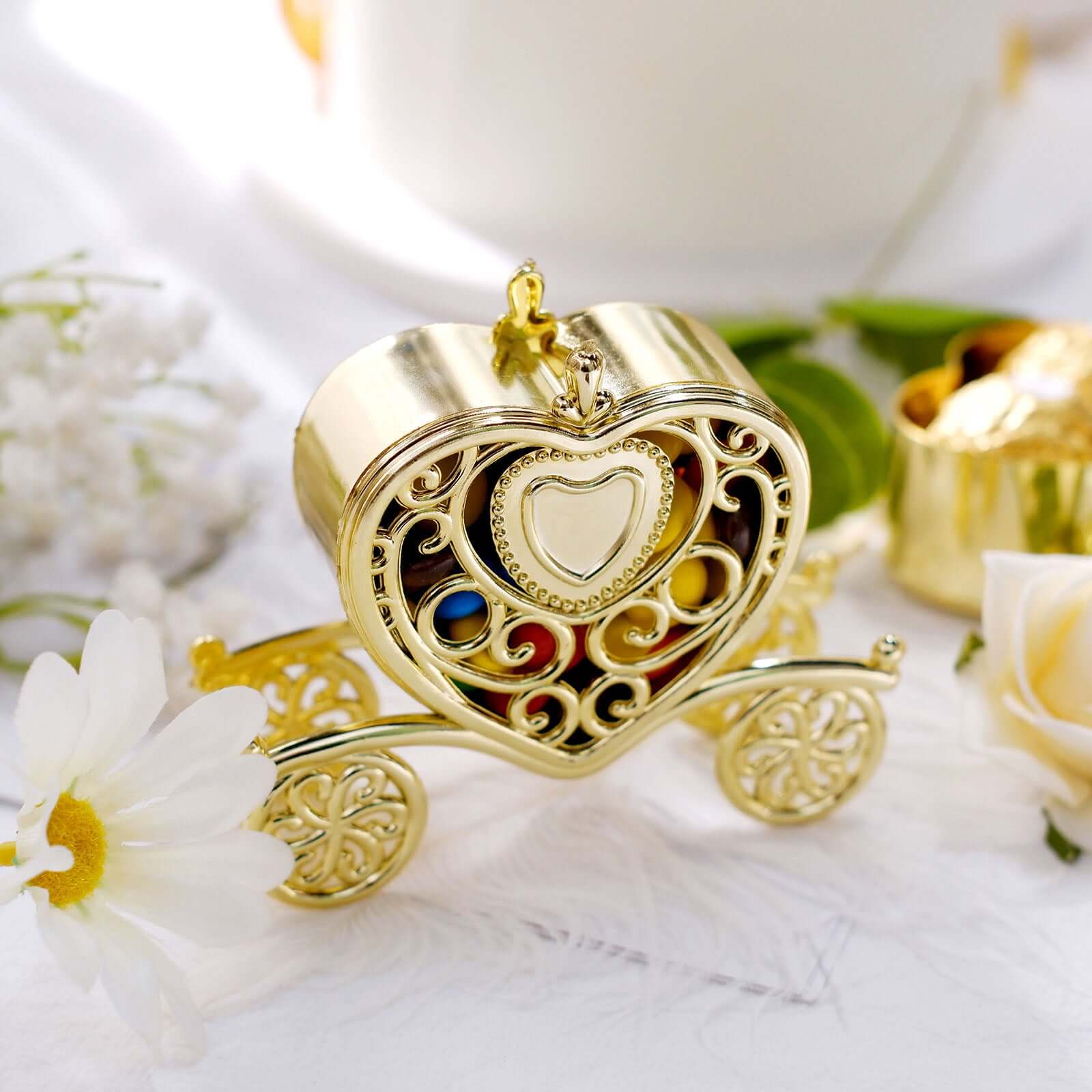 12-Pack Gold Plastic Princess Heart Carriage Party Favor Boxes for Treats