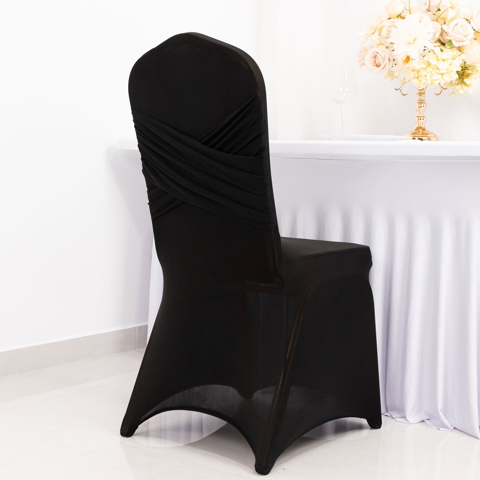 Black Spandex Chair Cover in Madrid Style - 180GSM Stretch Slipcover for Banquet Chairs