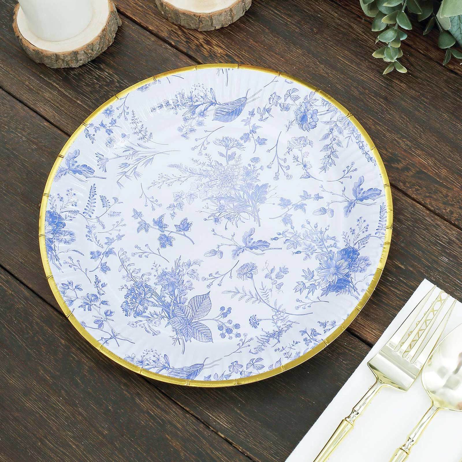 25-Pack Disposable 9-Inch White Dinner Plates with Light Blue French Toile & Gold Rim for Picnics and Chic Brunches