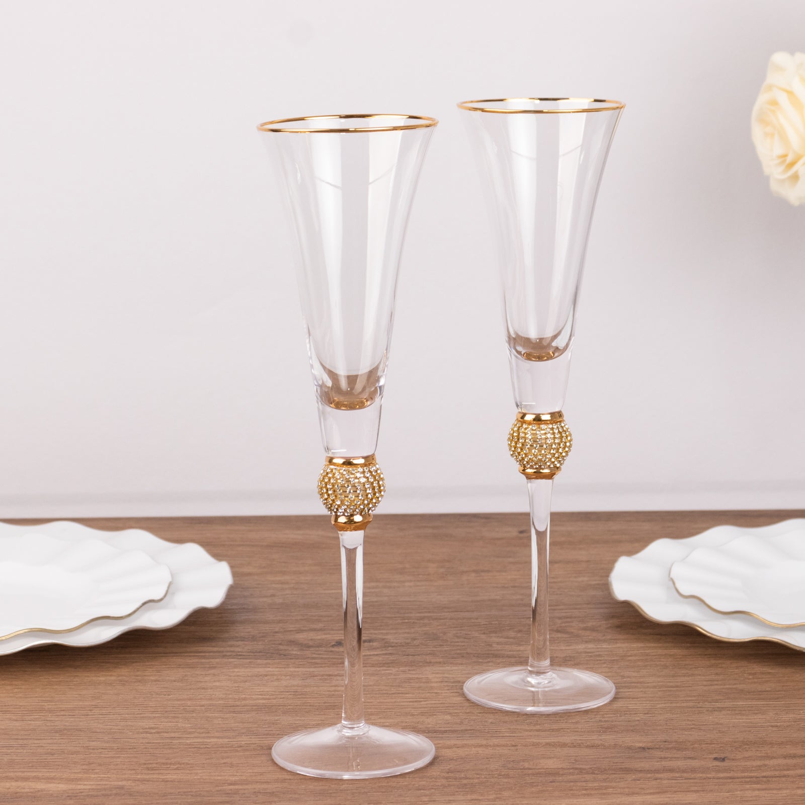 Hot Deal! 6-Pack Clear Champagne Flute Glasses with Gold Rim and Studded Rhinestones, 6oz 11