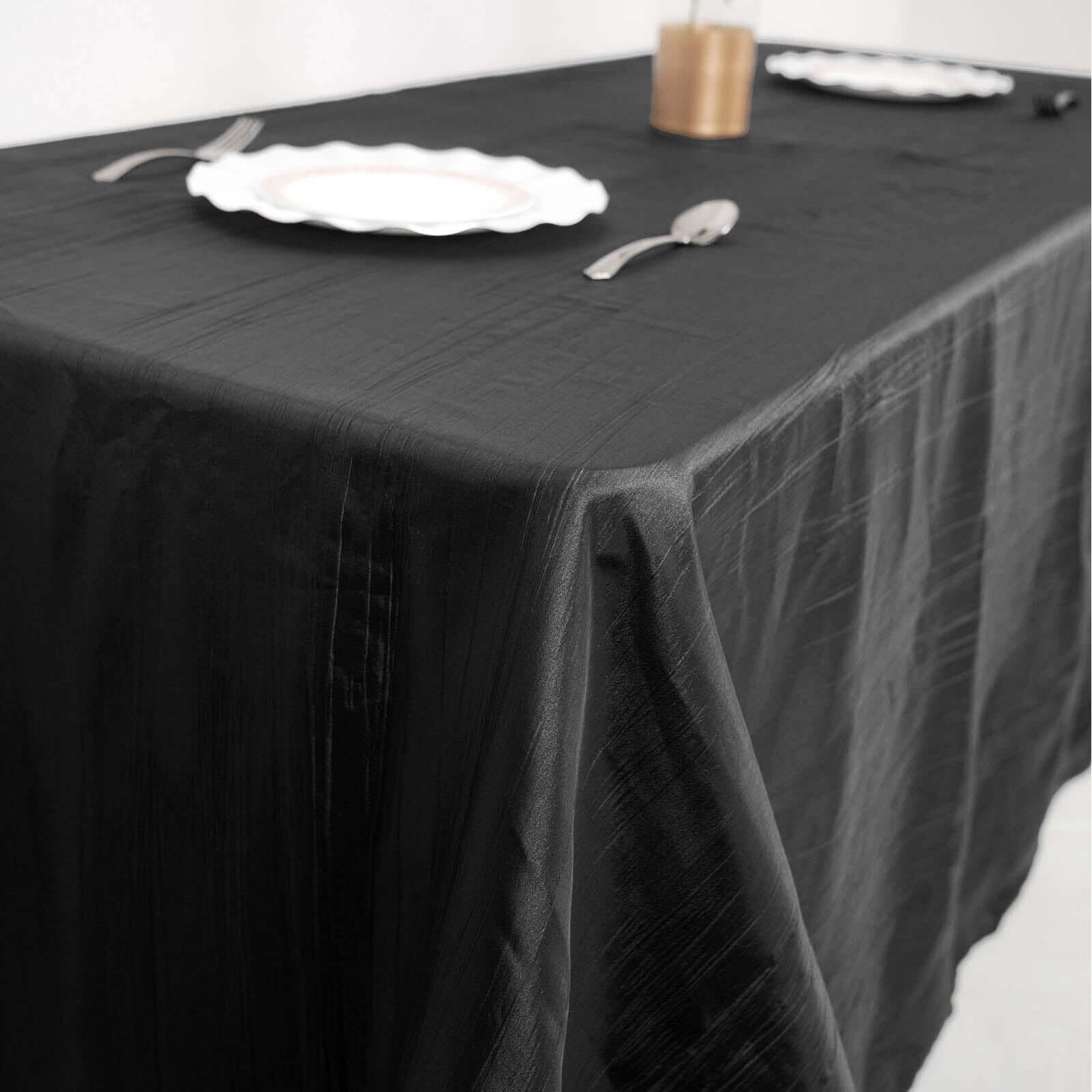 Black Crinkle Taffeta Rectangle Tablecloth 90x132 - Seamless Design for Elegant Gatherings