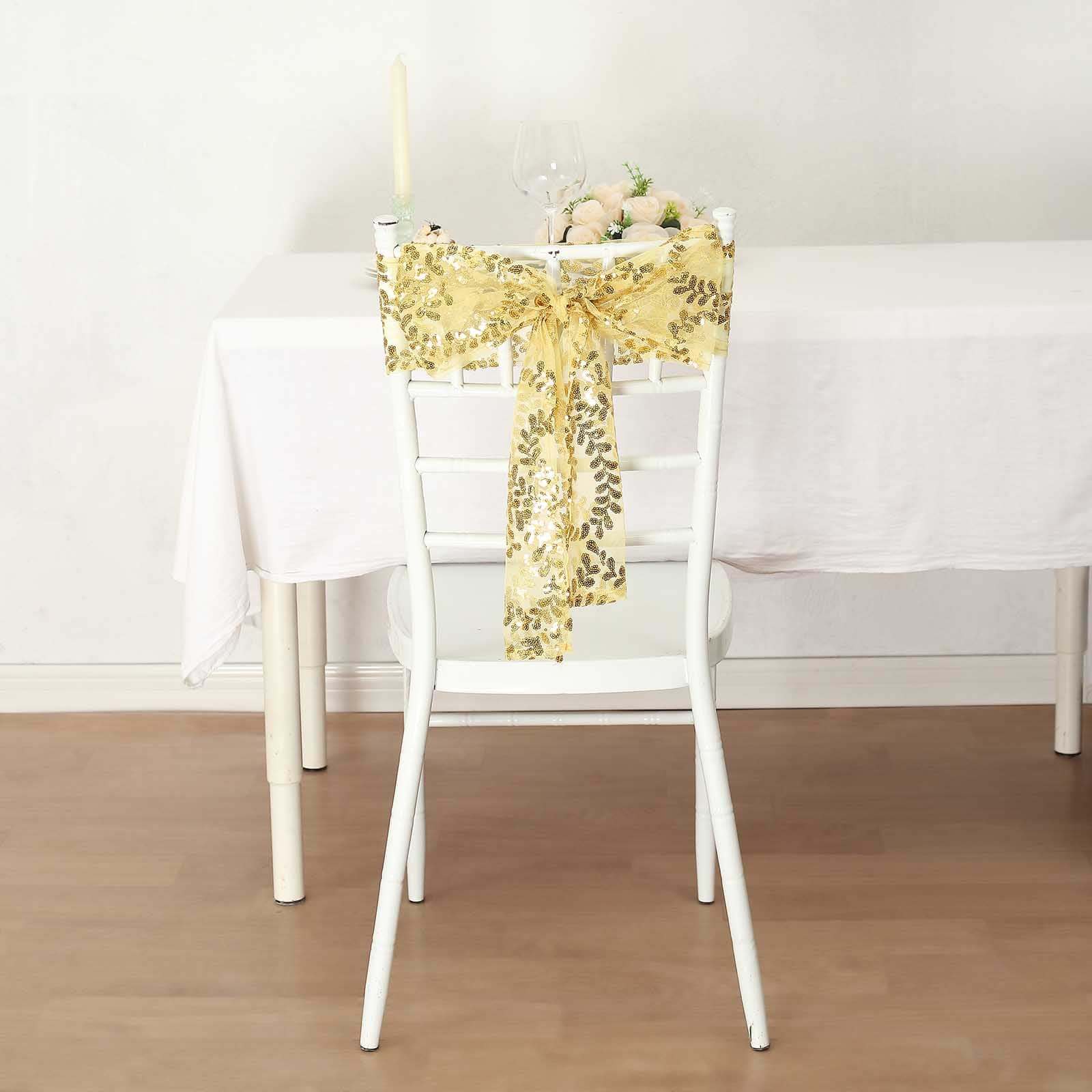 Set of 5 Gold Tulle Chair Sashes with Leaf Vine Embroidered Sequins, 6x88 - Ideal for Weddings