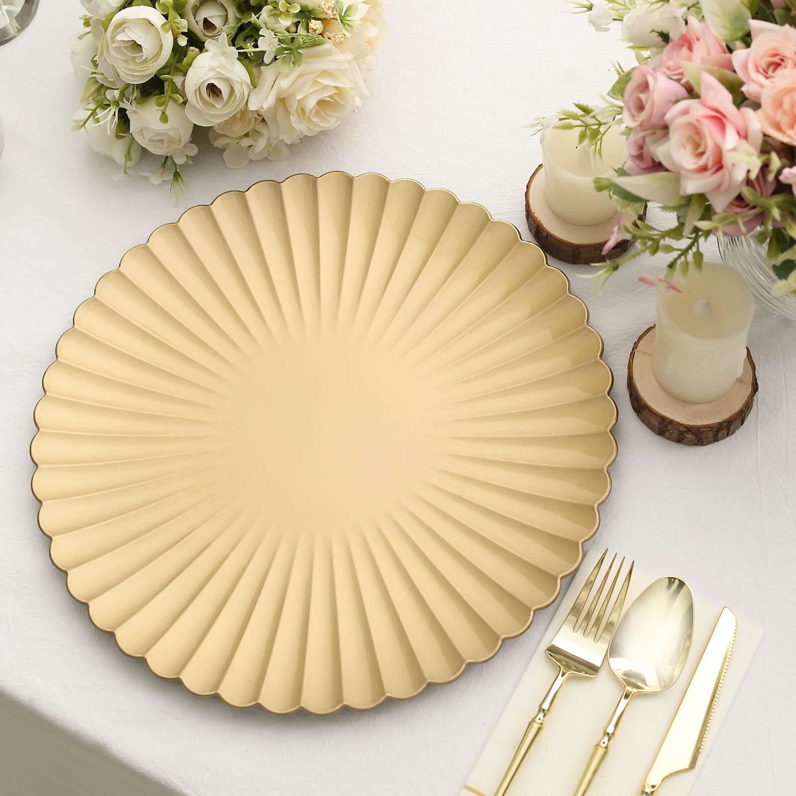 6-Pack Gold Plastic Round Charger Plates, 13 inches, Coastal Style with Scalloped Shell Pattern, Disposable Tableware