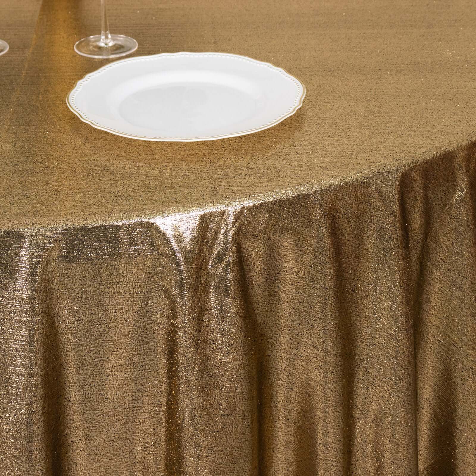 Antique Gold Sequin Dots Polyester 120' Round Wrinkle-Free Sparkling Tablecloth - Ideal for Events