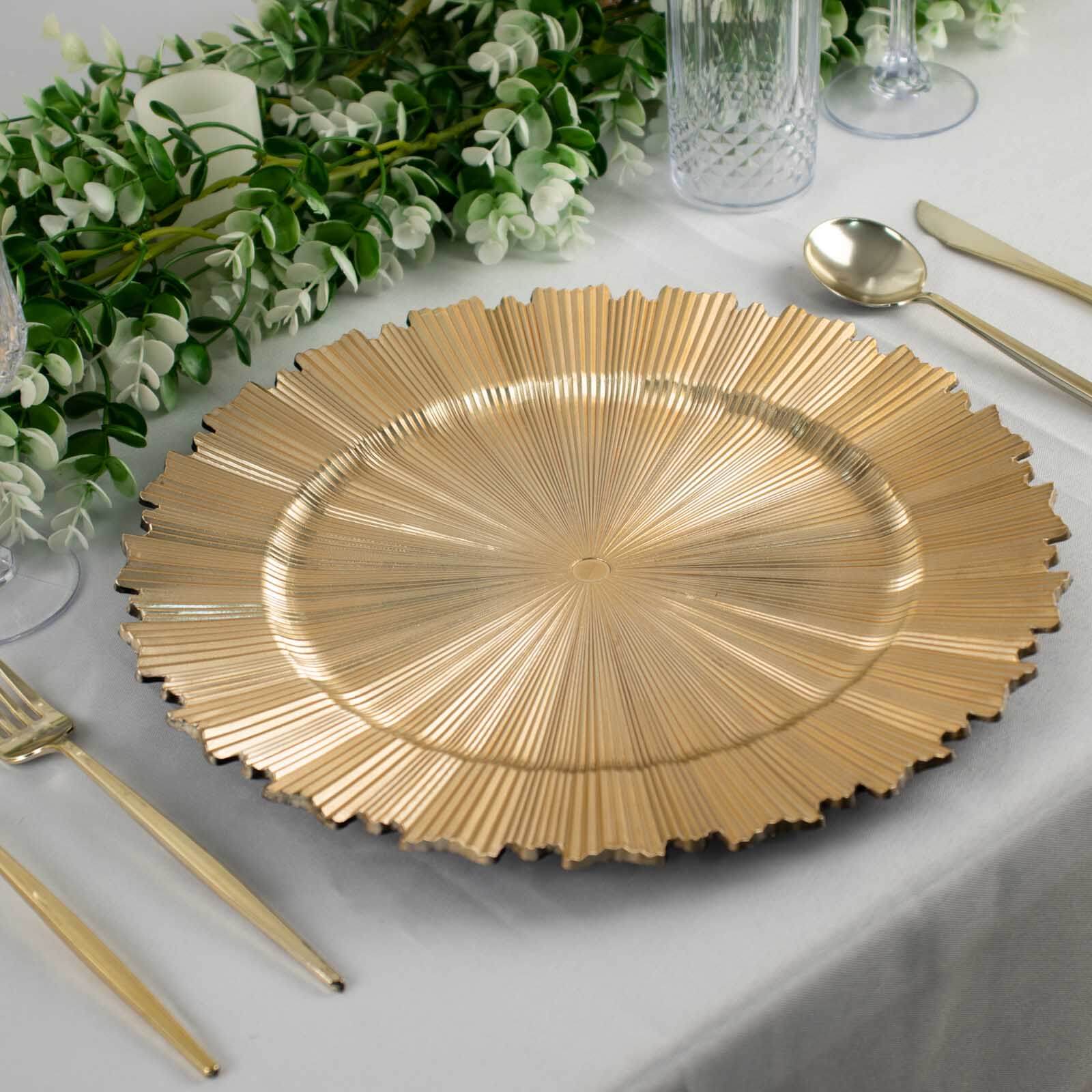 6-Piece Set of 13-Inch Metallic Gold Acrylic Plastic Charger Plates with Sunray Scalloped Edges