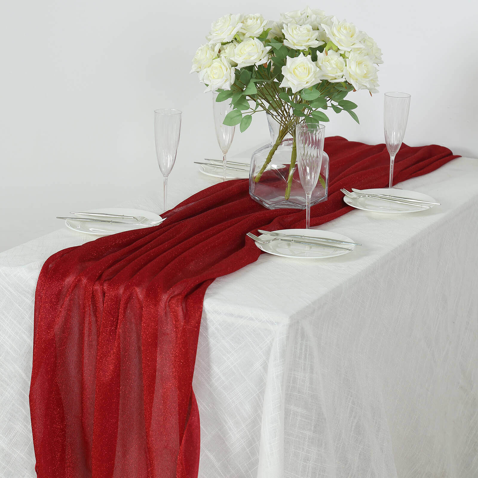 Red Sparkling Reusable Glitter Gauze Table Runner 27x120