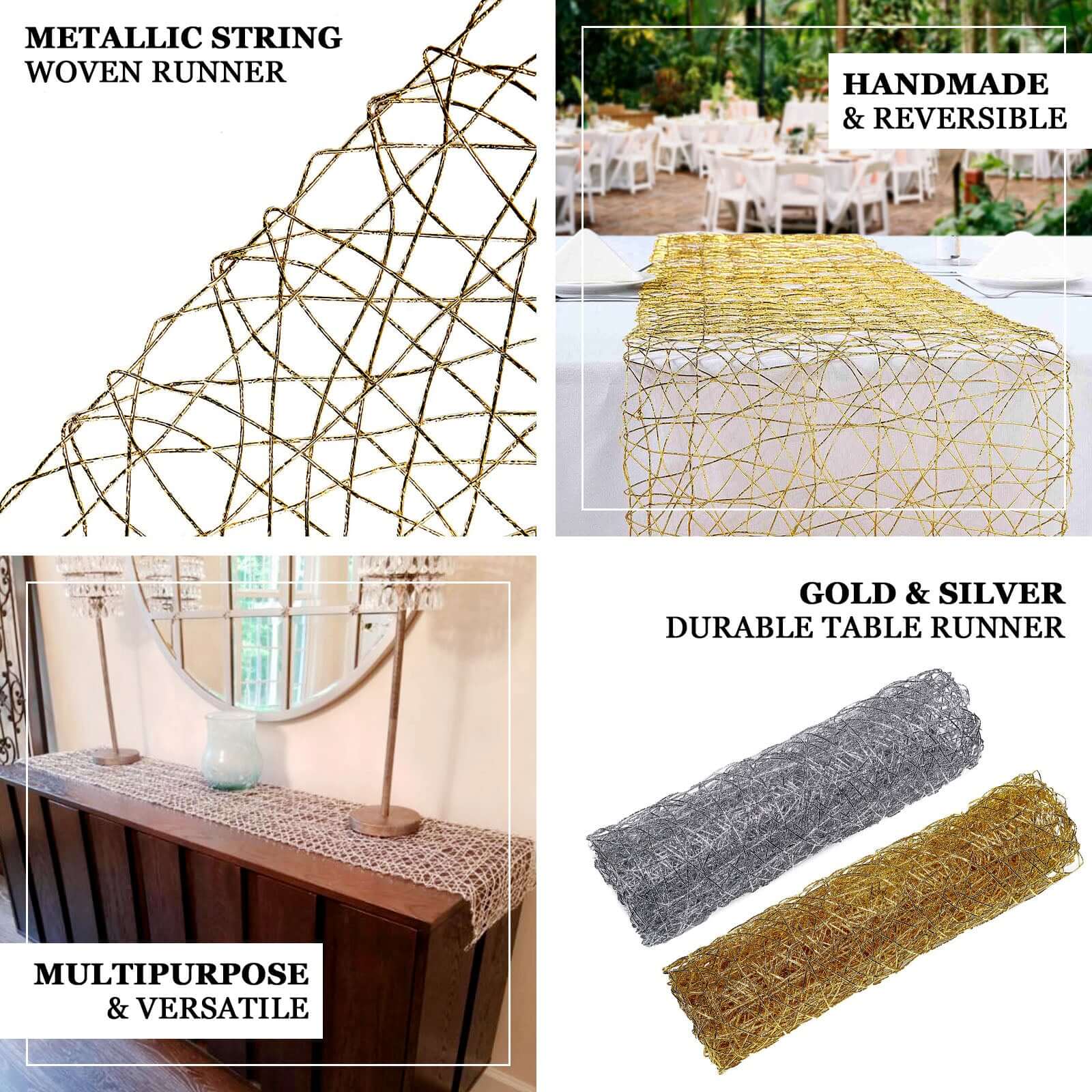 Hot Sale! 16x72 Gold Foil Wrapped Metallic String Woven Table Runner for Decor