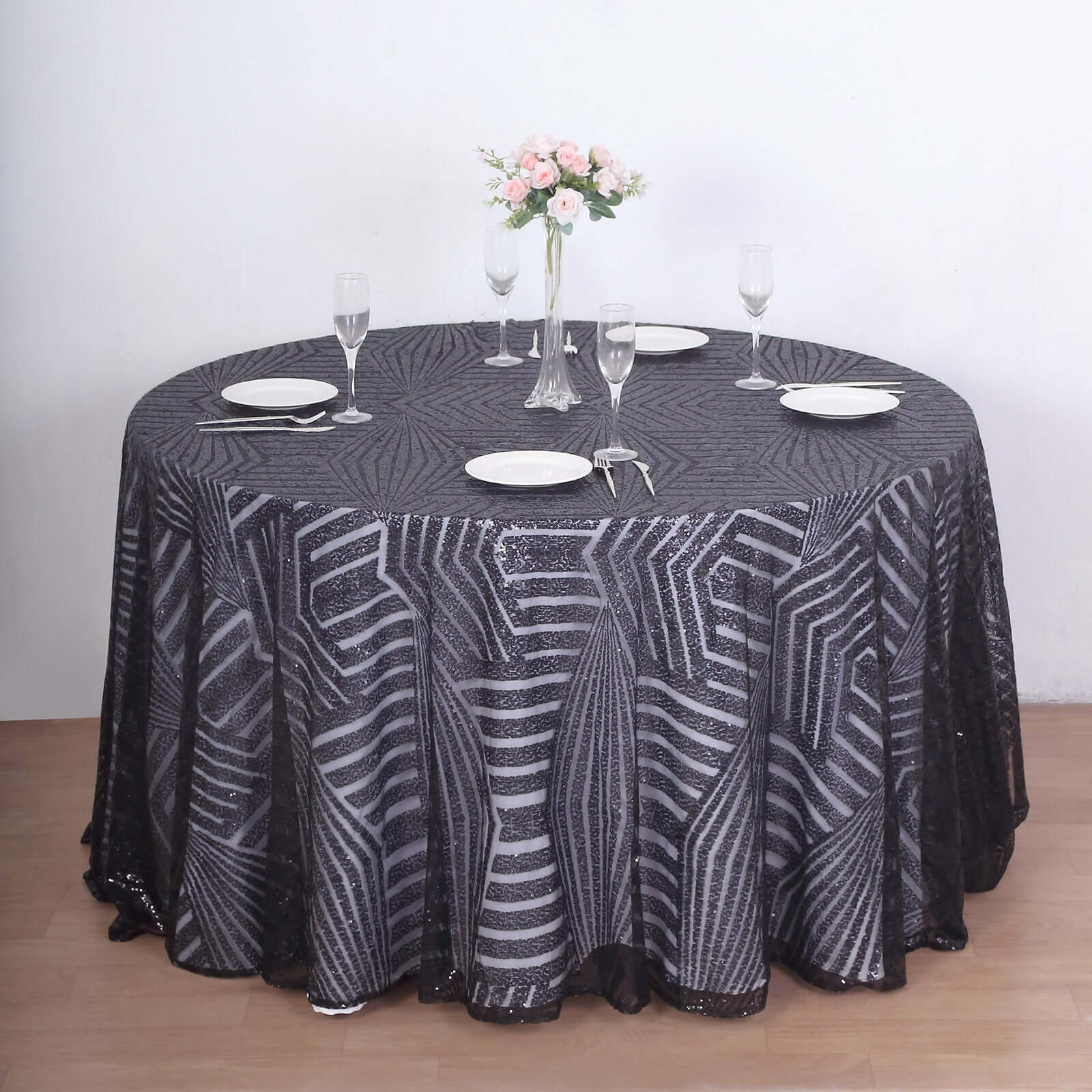 Black Seamless Diamond Glitz 120 Round Sequin Tablecloth - Perfect for Special Events