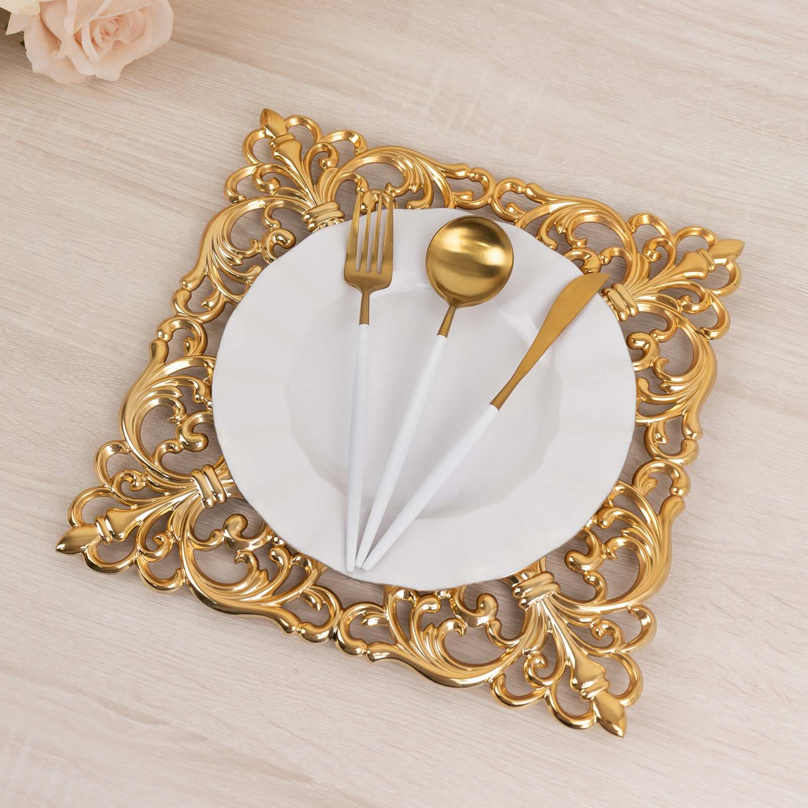 Hot Sale! 6-Piece Set of 12-Inch Gold Acrylic Square Charger Plates with Hollow Lace Border for Event Decor