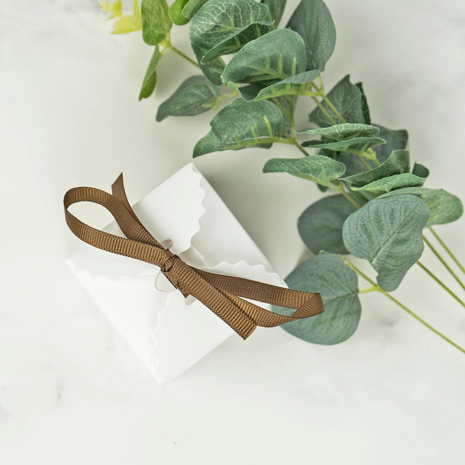 25-Piece Set of 2.5x2.5 White Cardstock Gift Boxes with Brown Grosgrain Ribbons