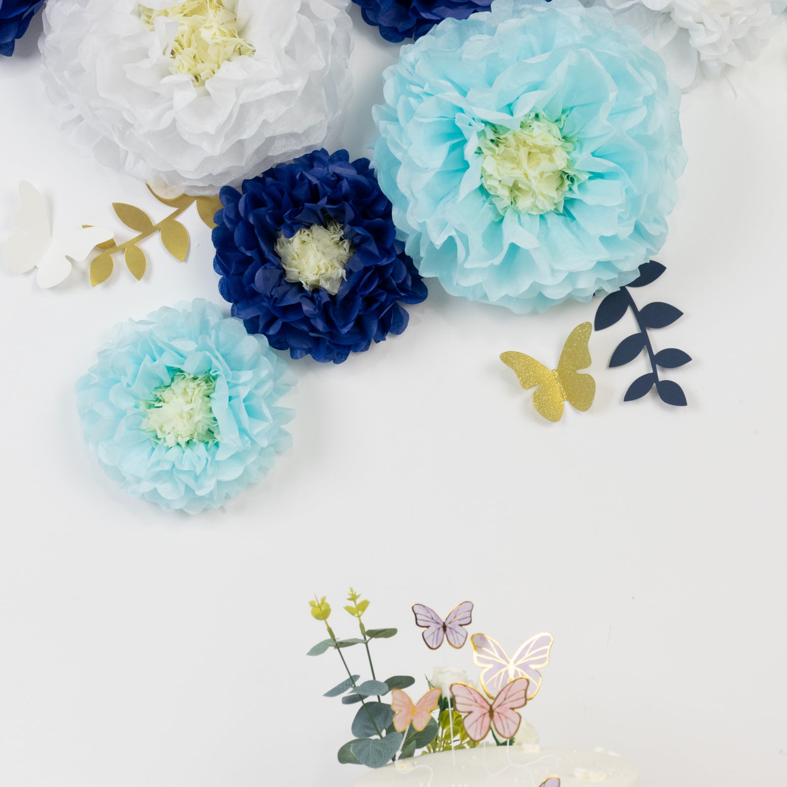 21-Piece Tissue Paper Pom Pom Decor Kit - White & Blue 3D Chrysanthemum Wall Decor with Butterflies & Olive Leaves
