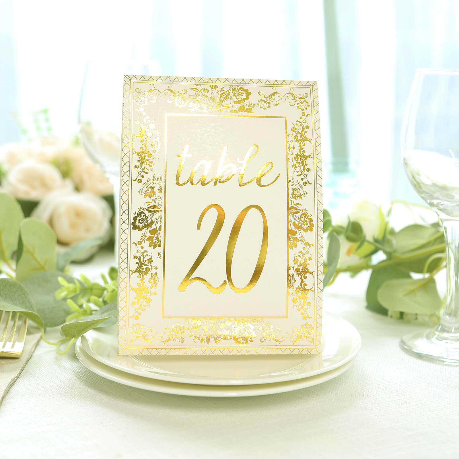 25-Piece Set of Double-Sided Free-Standing Wedding Table Numbers 1-25 in White & Metallic Gold French Toile Style
