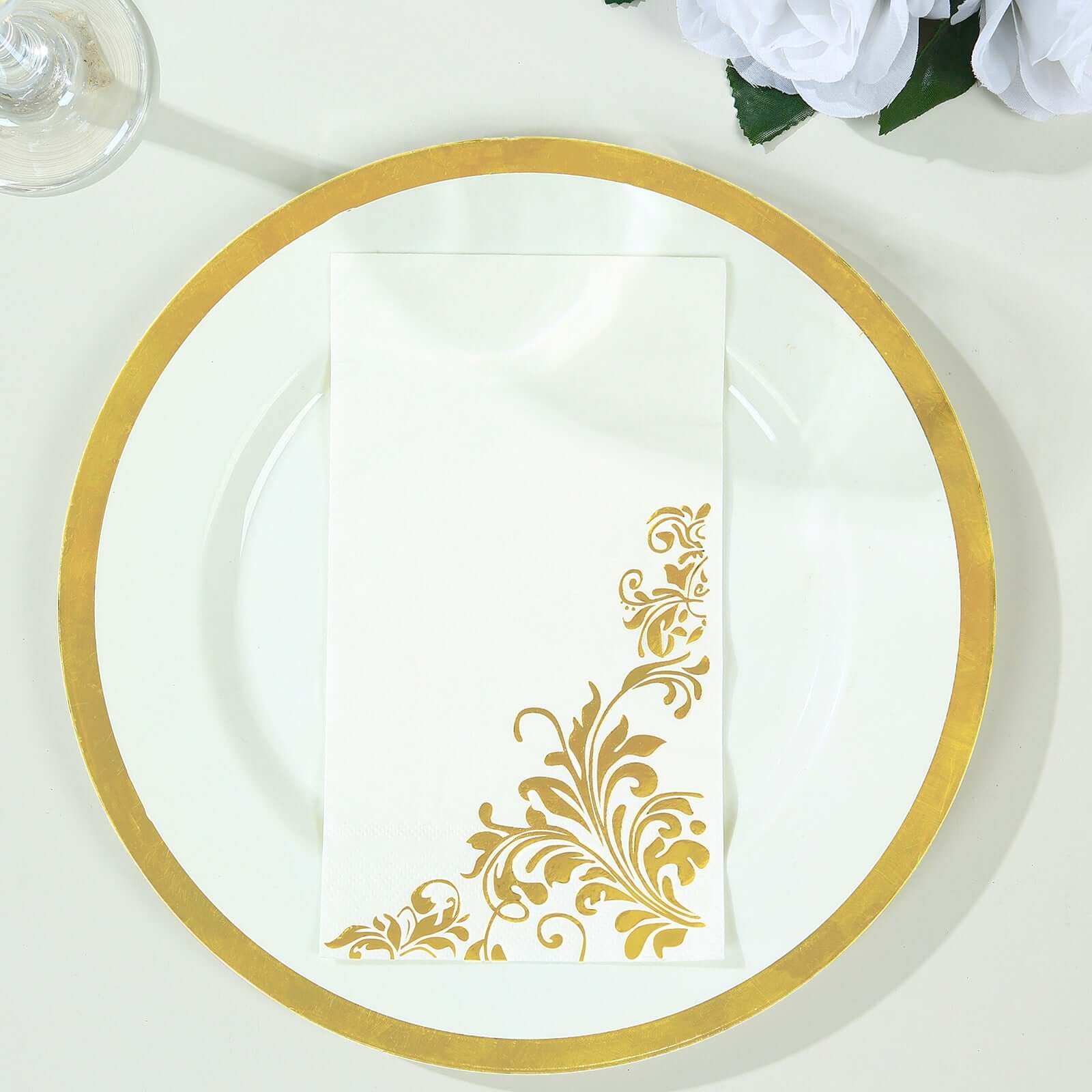 Hot! 50-Pack White Paper Dinner Napkins with Gold Baroque Floral Print