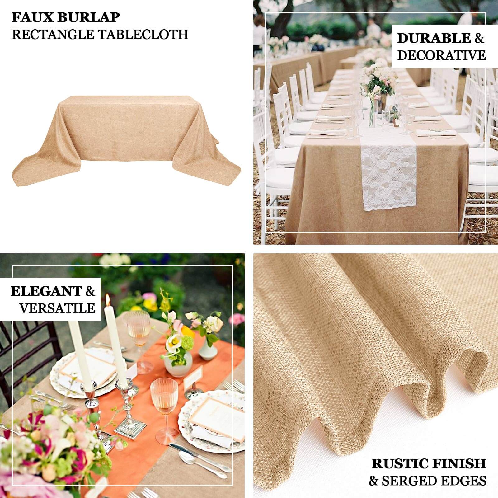 Natural Rustic Faux Burlap Jute Rectangle Tablecloth - Perfect for Events!