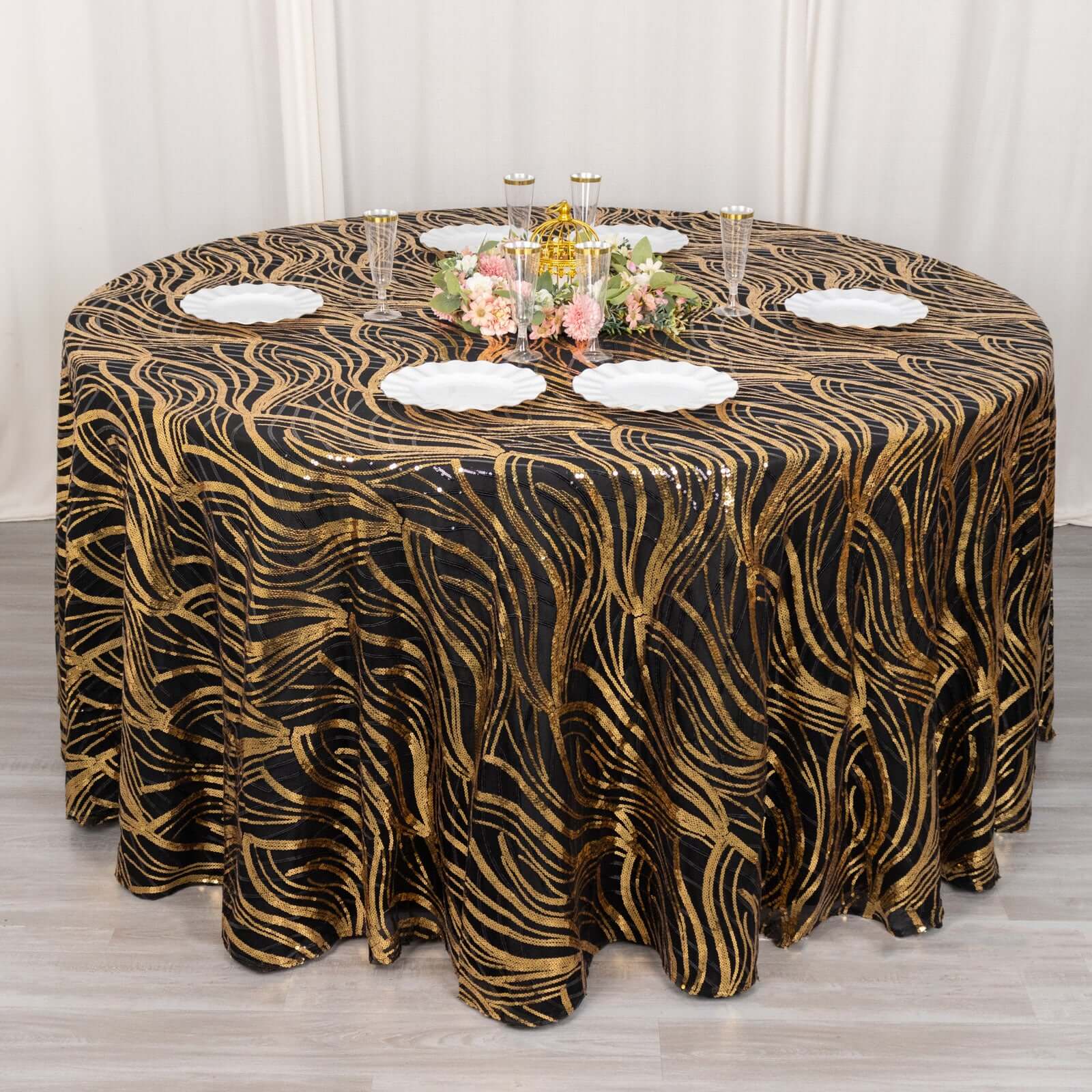 Sparkling Sequin Mesh 120-Inch Round Tablecloth in Black and Gold - Ideal for Events