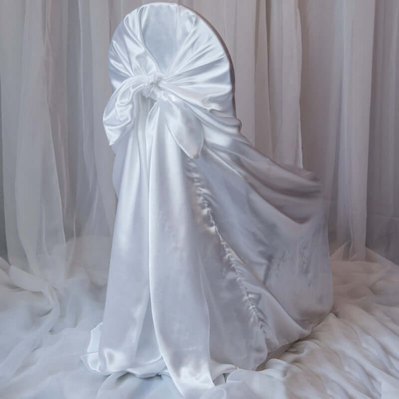 White Satin Self-Tie Chair Cover - Universal Slip-On for Folding, Dining & Banquet Chairs
