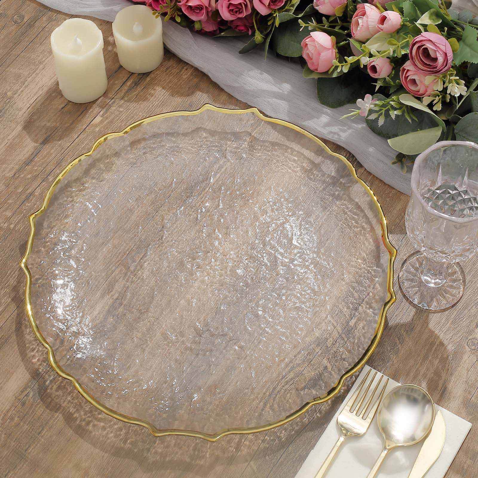 8-Piece Set of 13-Inch Clear Glass Charger Plates with Gold Sunflower Scalloped Edges
