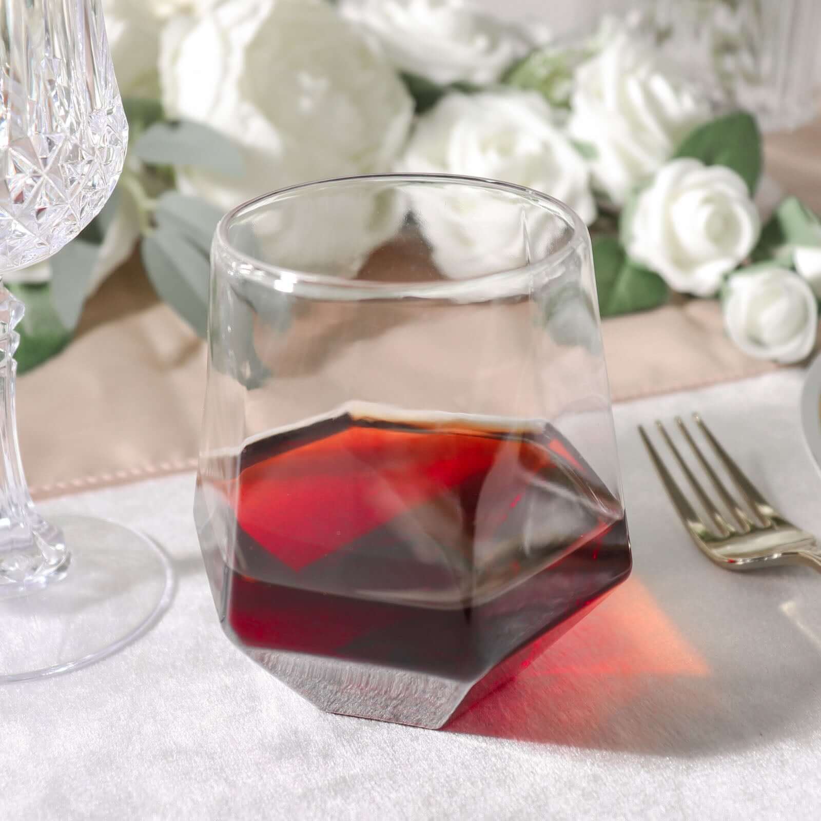 12-Piece Set of Reusable Clear Plastic Stemless Diamond-Shaped 12oz Wine & Whiskey Glasses